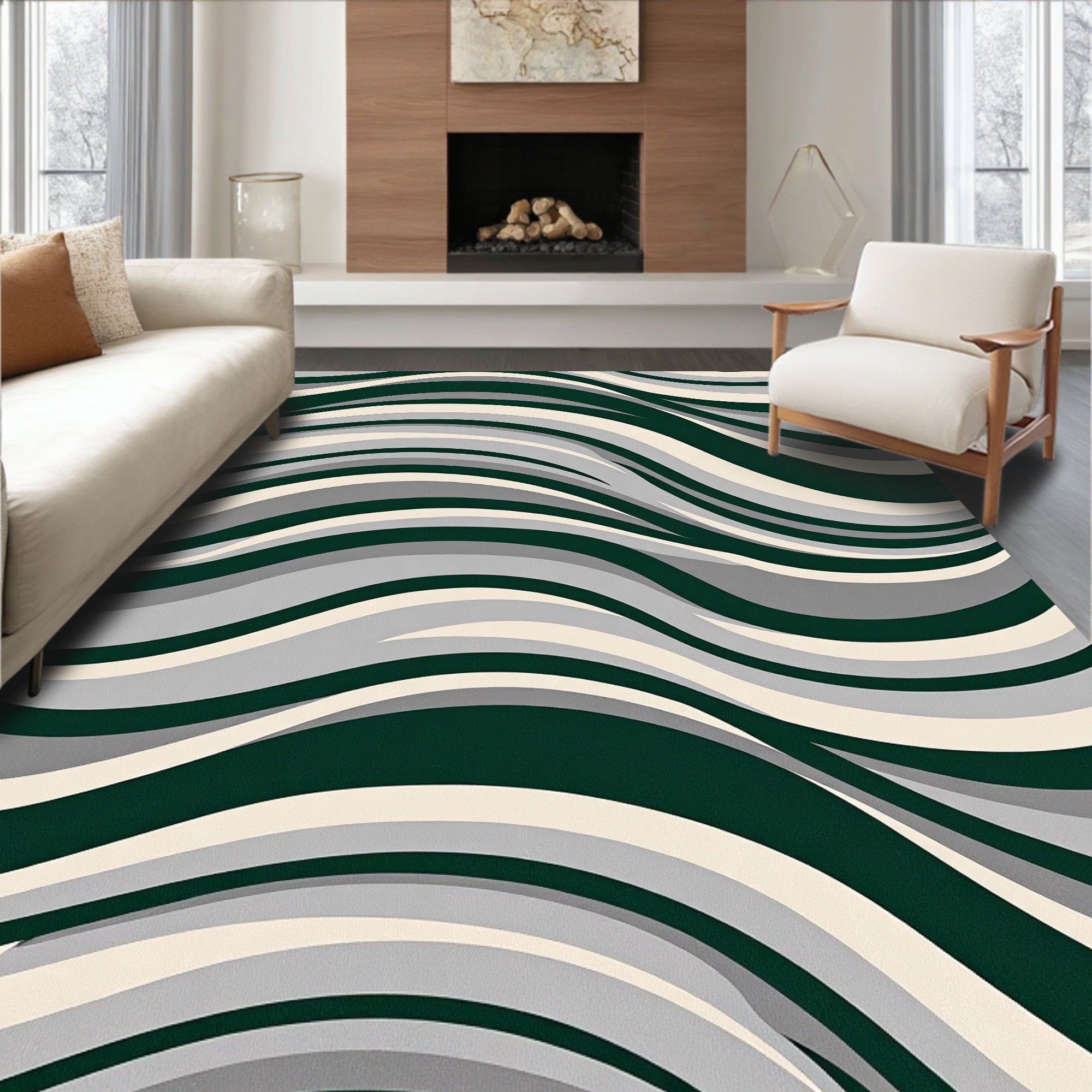 Dark Green Cream Gray Wavy Flow Rug