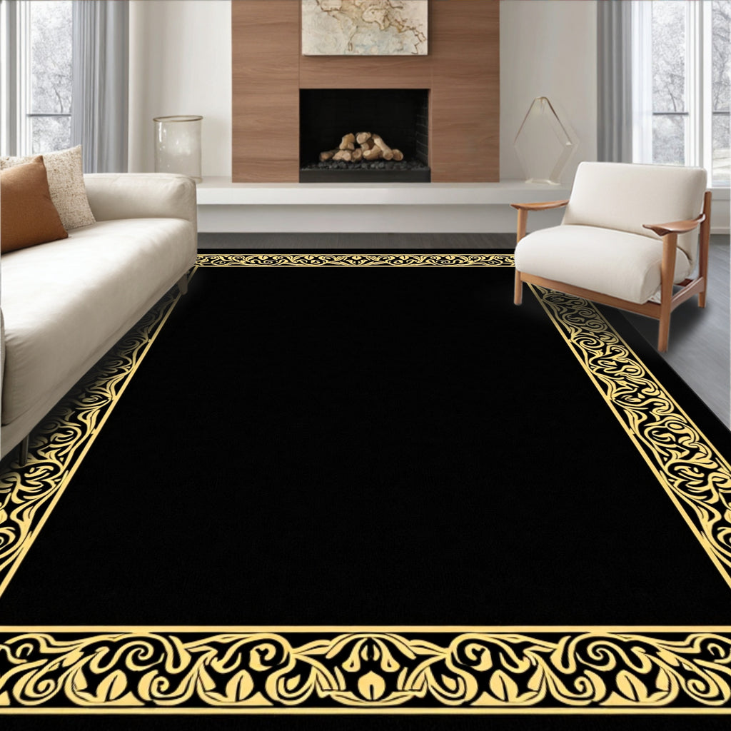 Ornate Gold Scrollwork Black Border Rug
