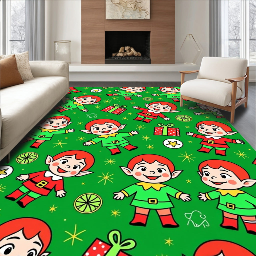Holiday Elves with Gifts and Stars Rug
