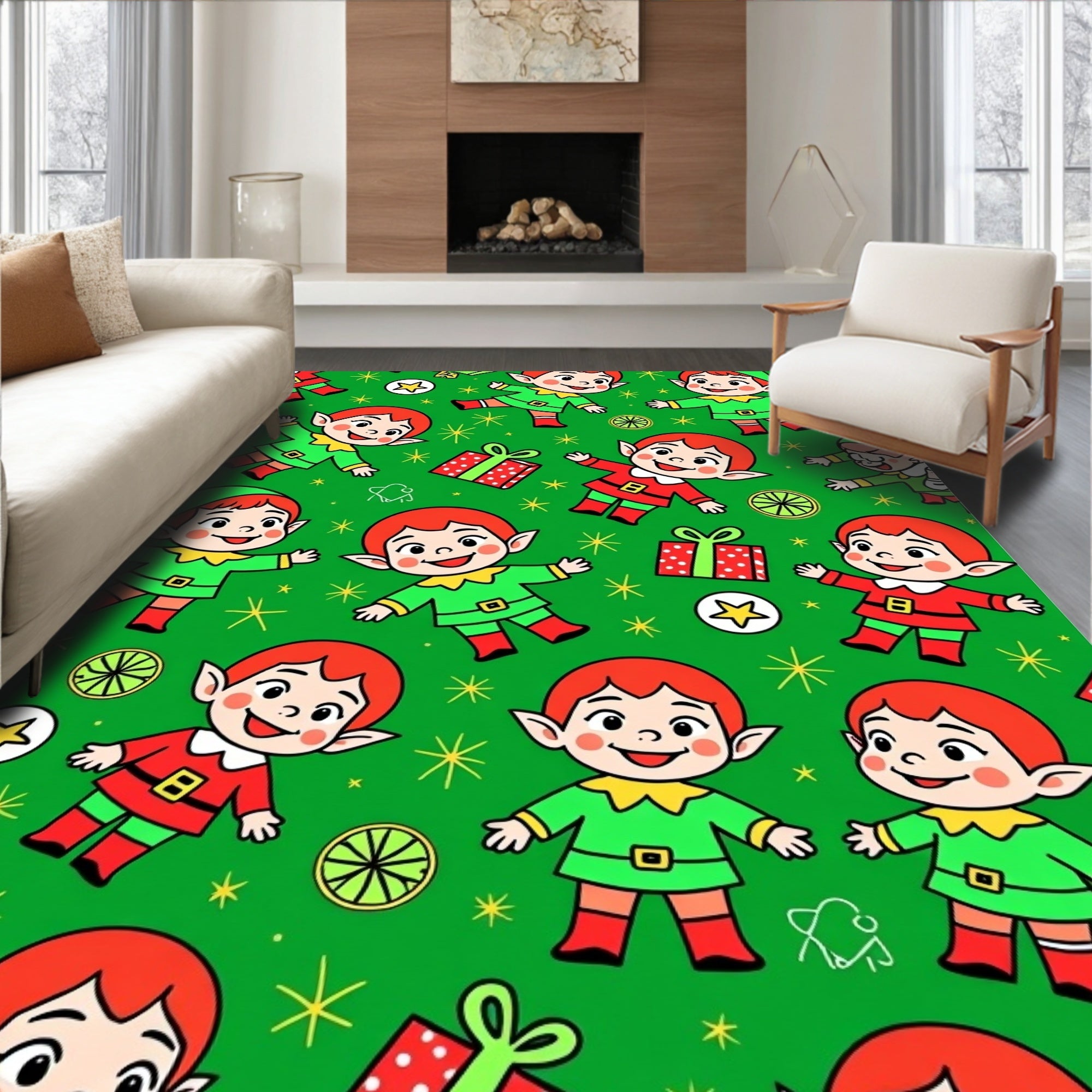 Holiday Elves with Gifts and Stars Rug