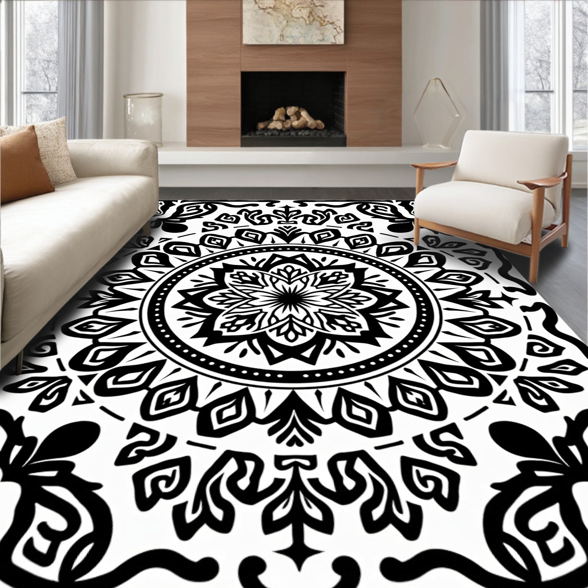 Graphic Mandala Flower Black White Rug