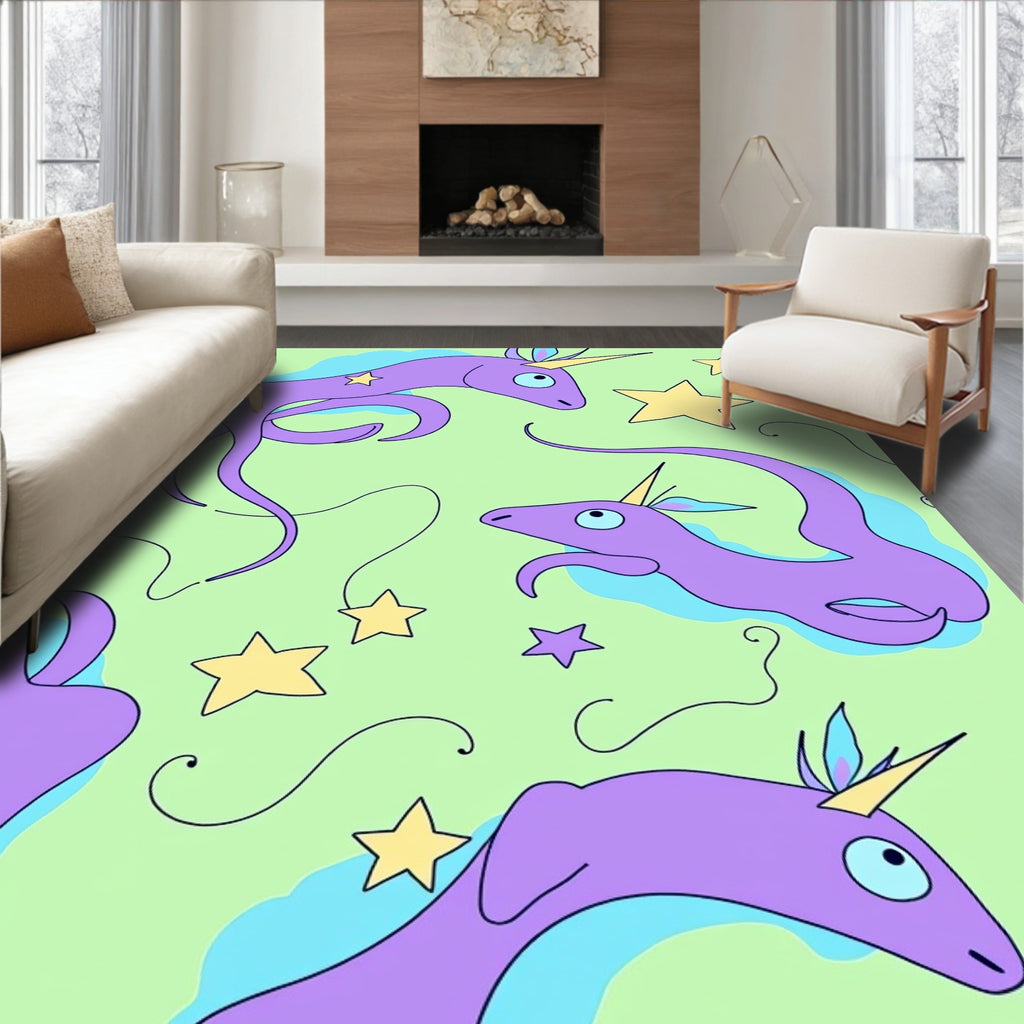 Whimsical Purple Unicorns Yellow Stars Rug