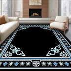 Black Floral Border With Sky Blue Accents Rug