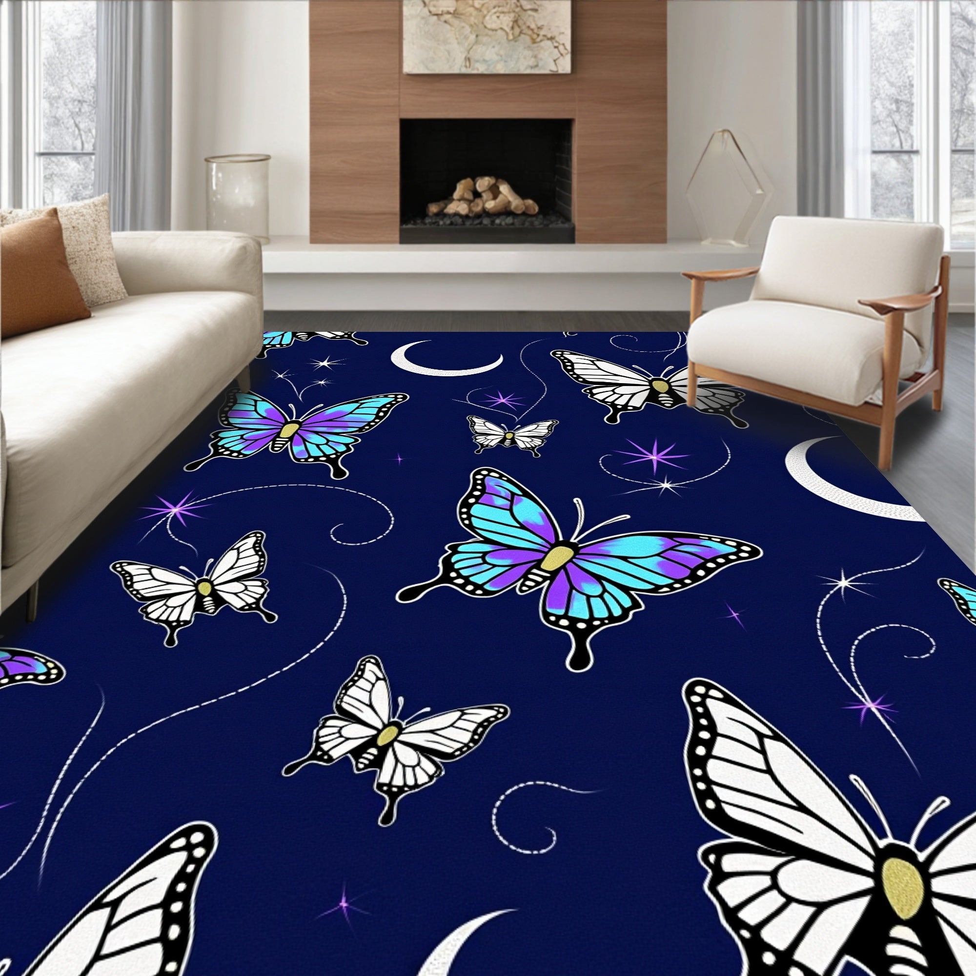 Night Sky Butterfly Moon Pattern Rug