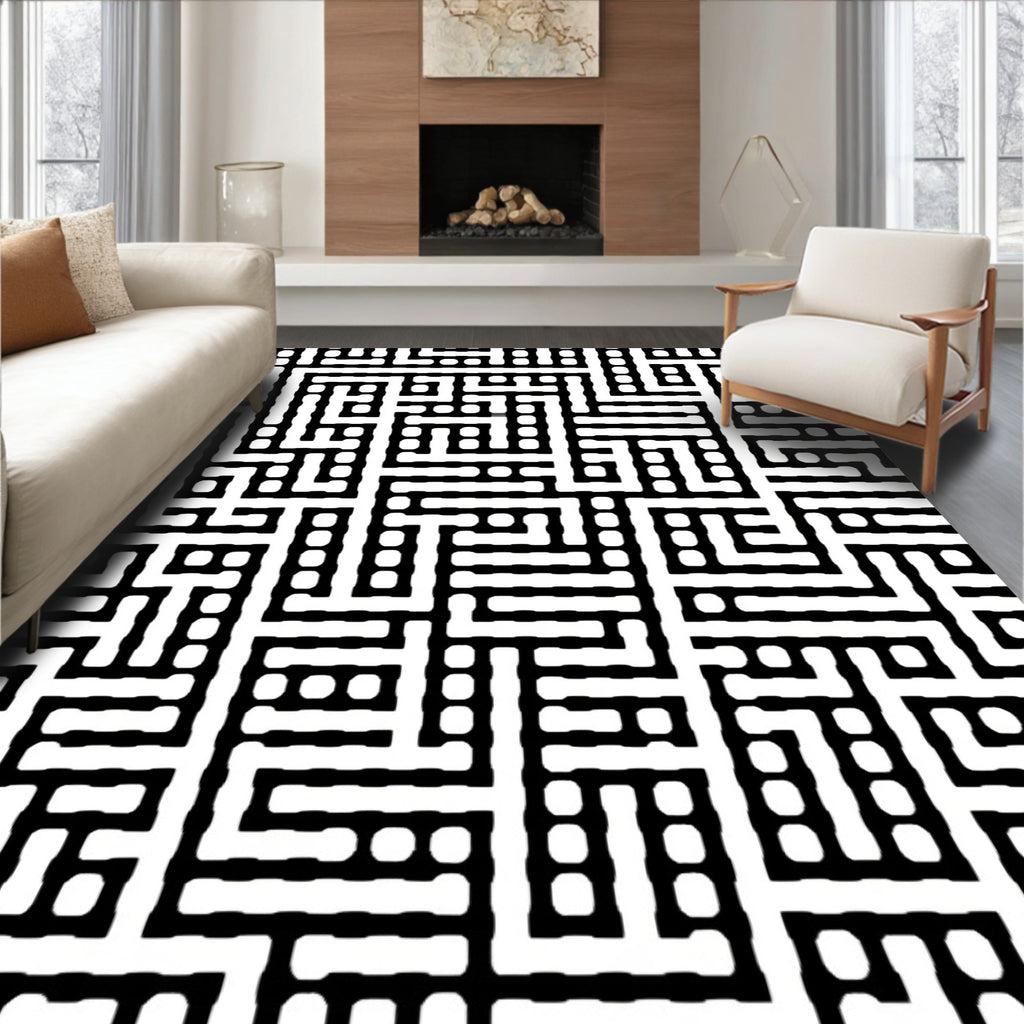 Modern Black White Geometric Maze Pattern Rug