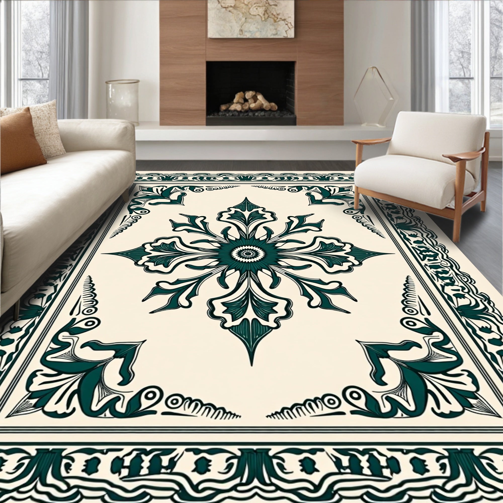 Ornate Teal Floral Mandala Tile Design Rug