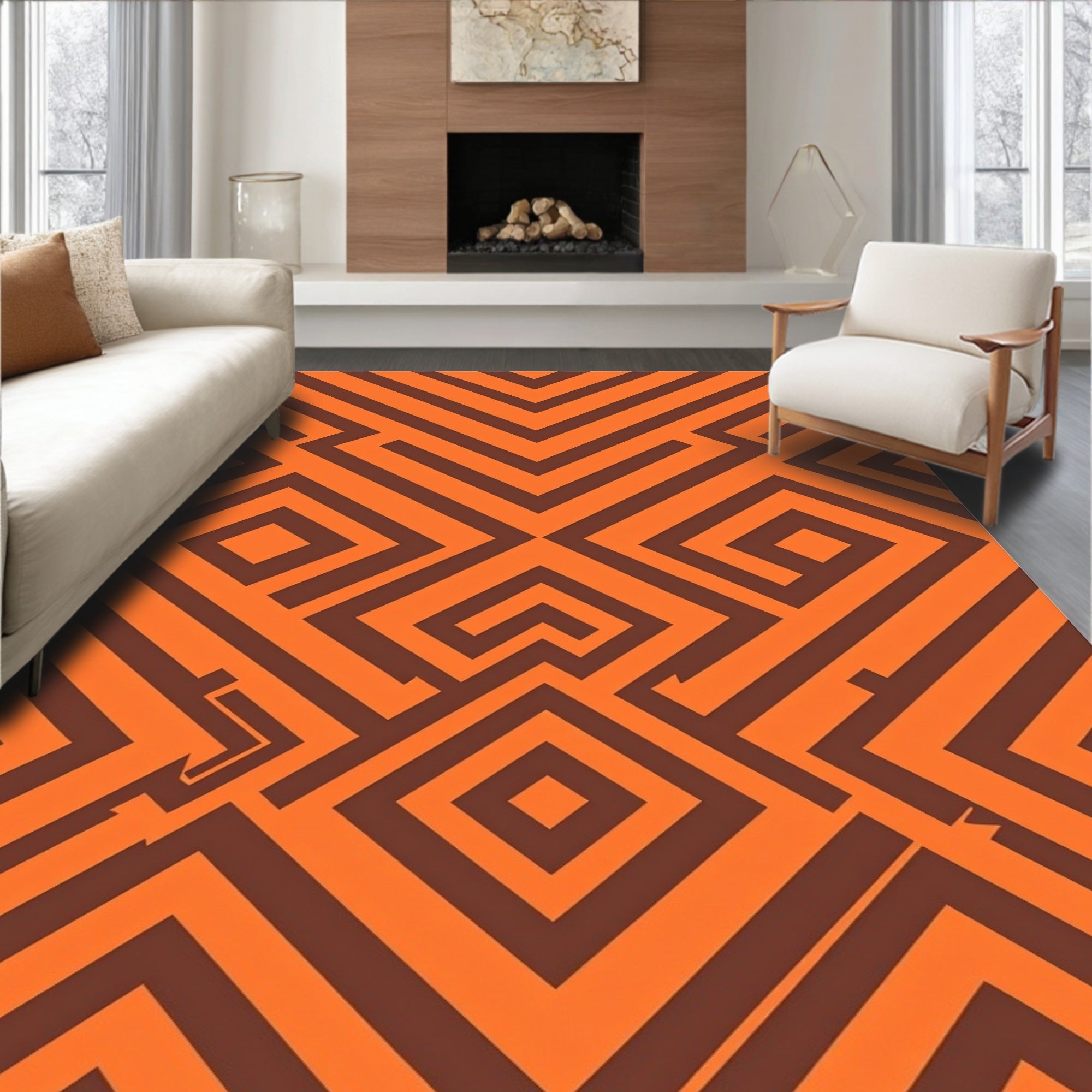 Bold Orange Geometric Maze Pattern Rug