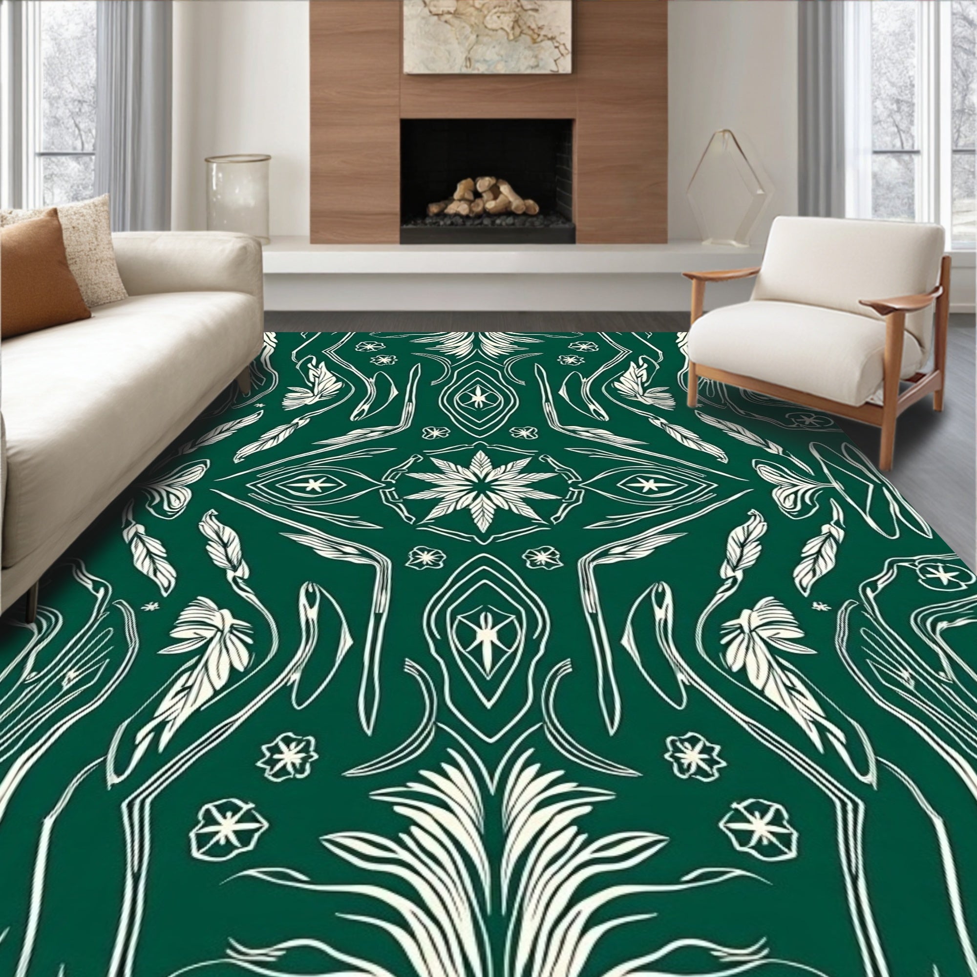Green Cream Abstract Floral Pattern Rug