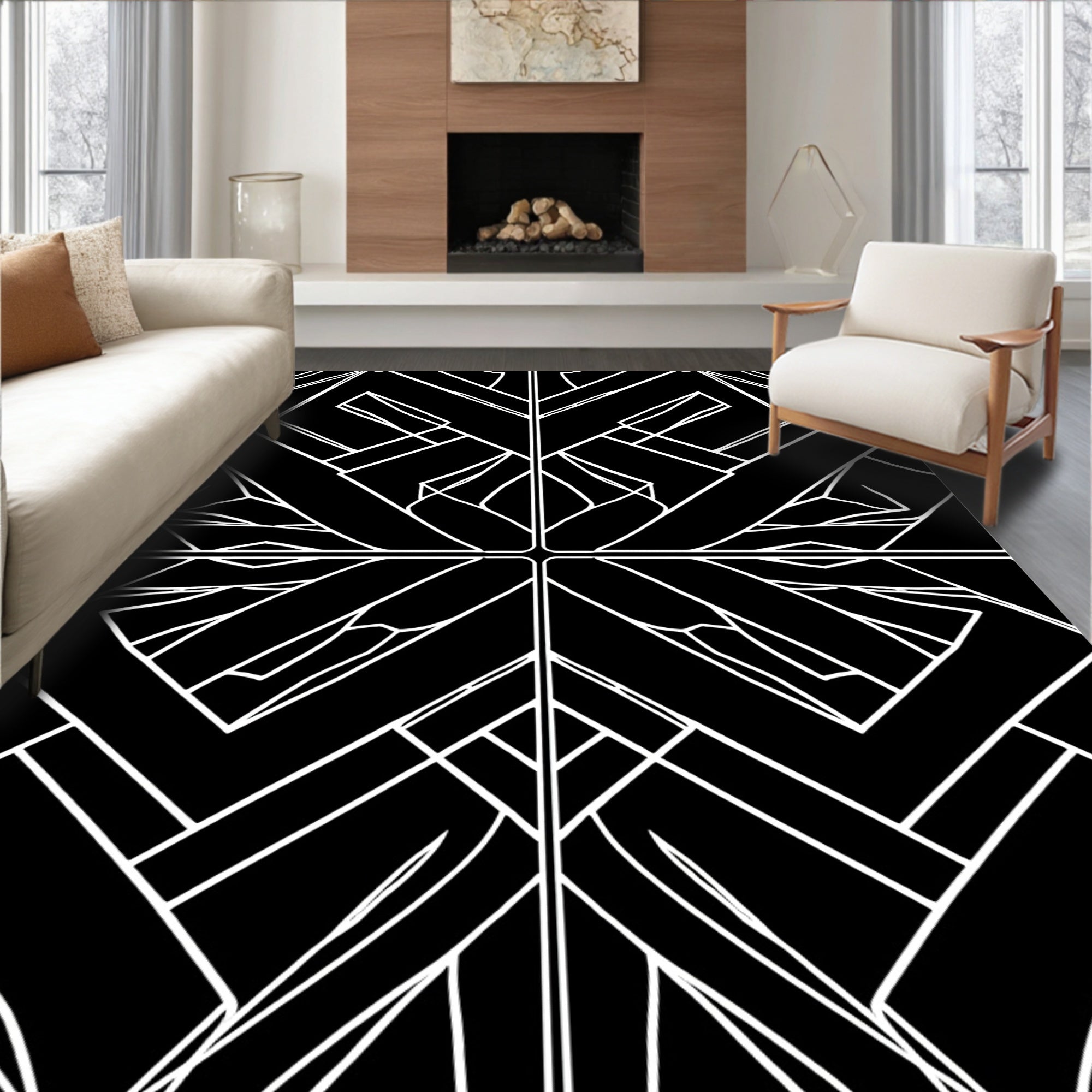 Bold Black White Interlocking Geometric Design Rug