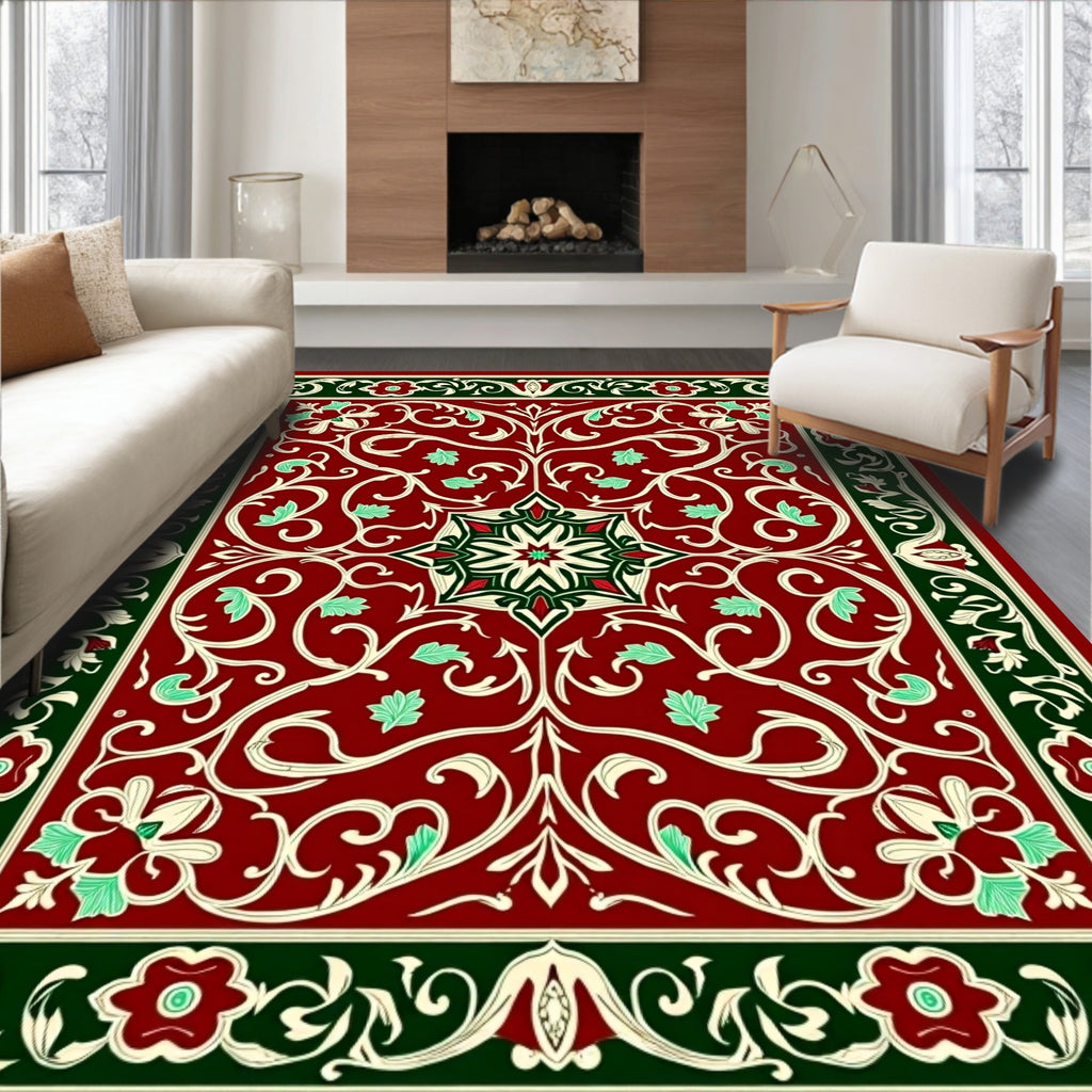Rich Burgundy Floral Swirls Pattern Rug