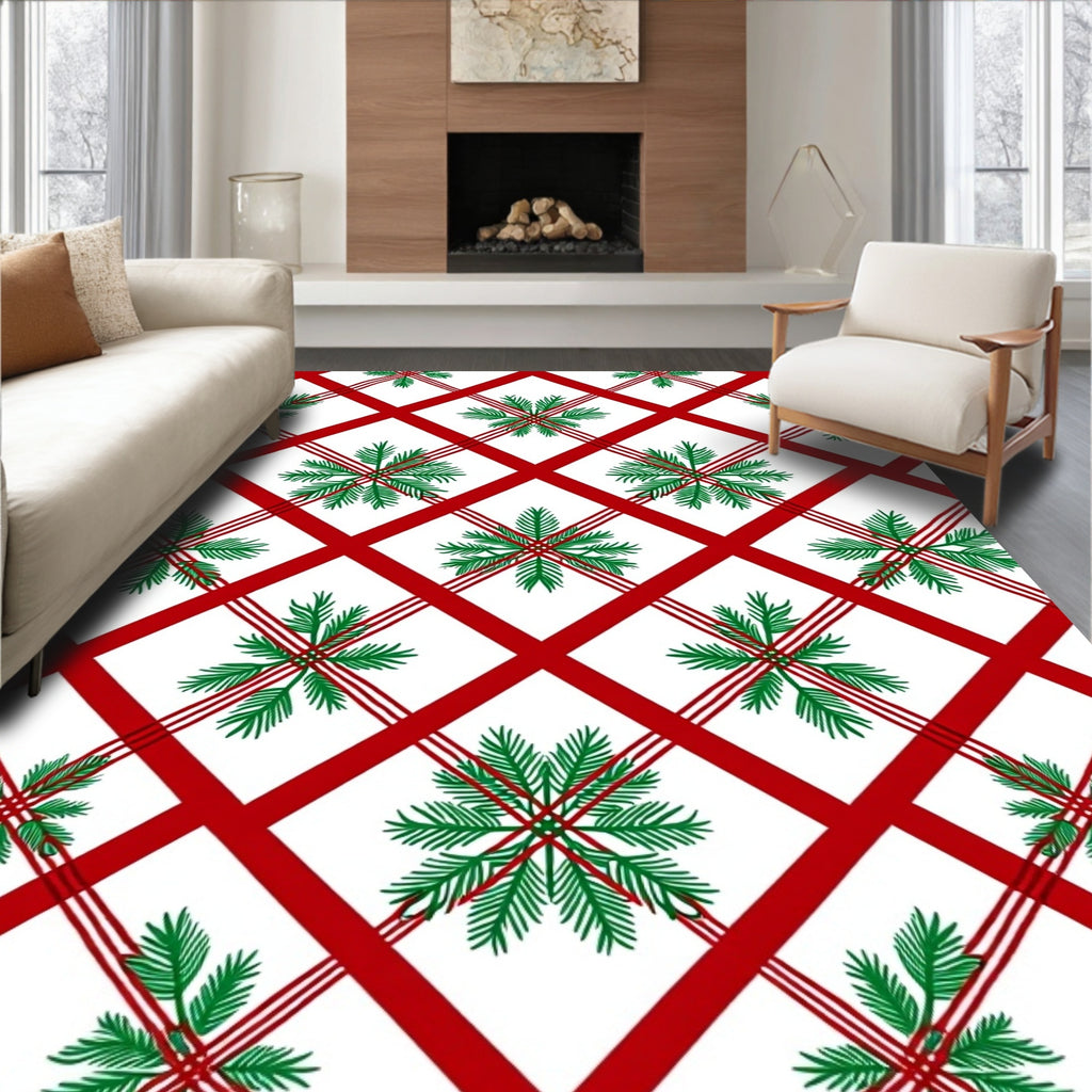 Red Pine Needle Snowflake Plaid Design Rug