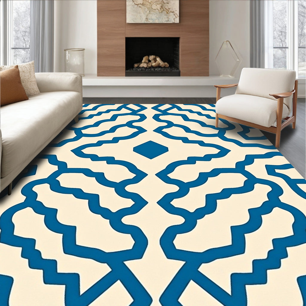 Blue Cream Abstract Lattice Design Rug