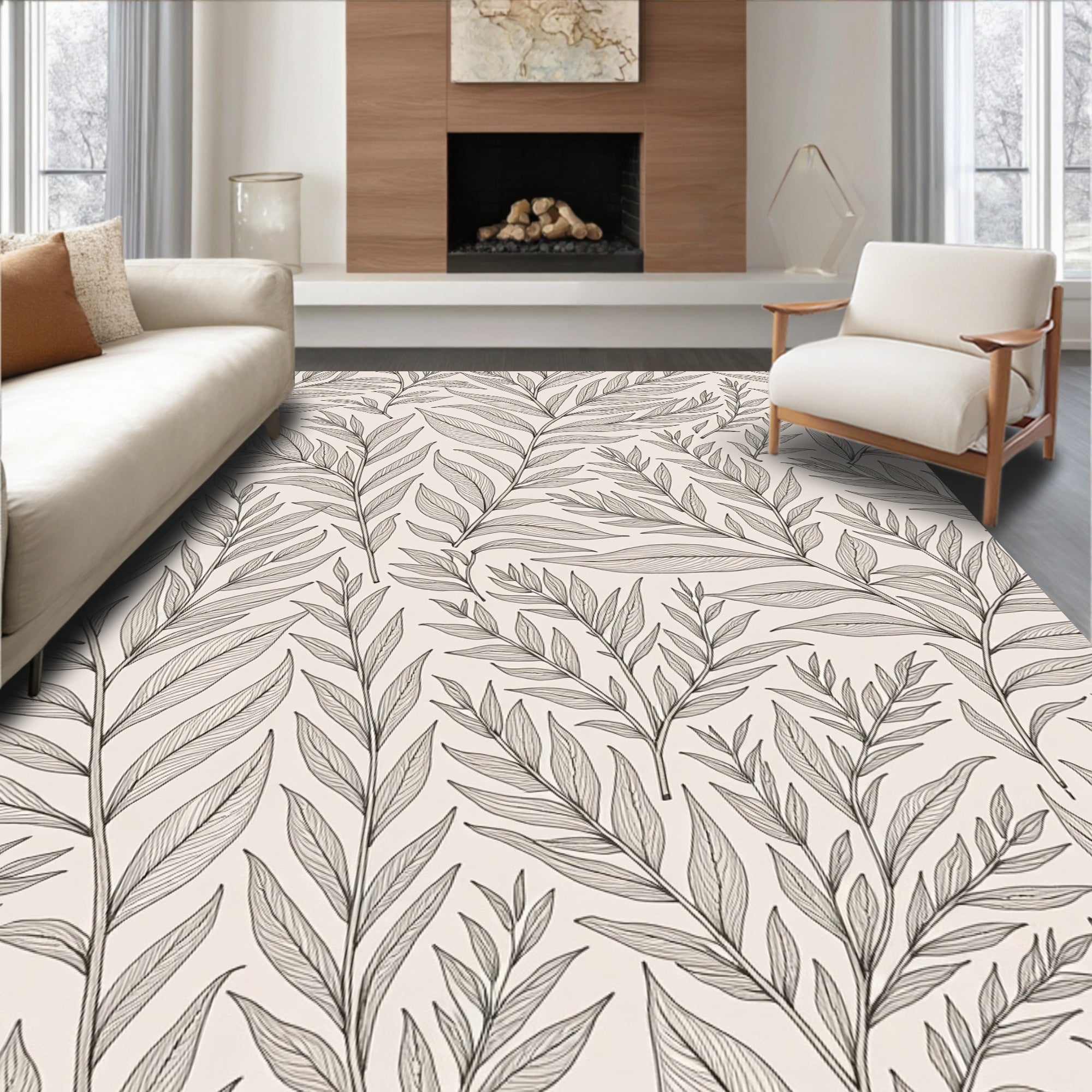 Natural Leaf Line Art Pattern Rug