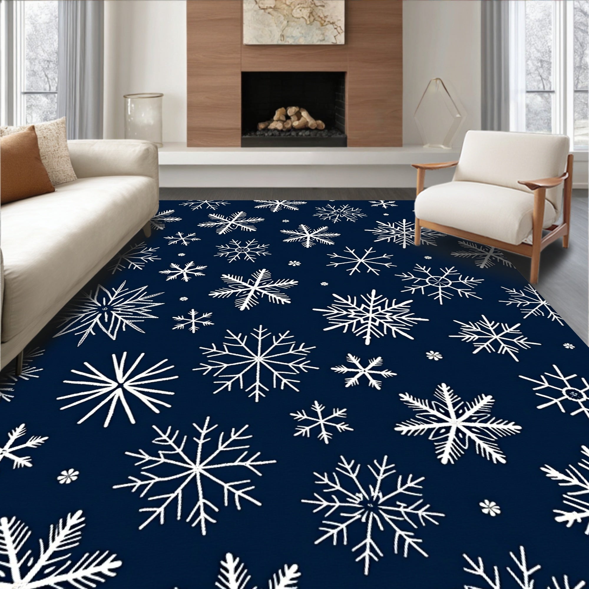 White Snowflake Pattern on Navy Background Rug