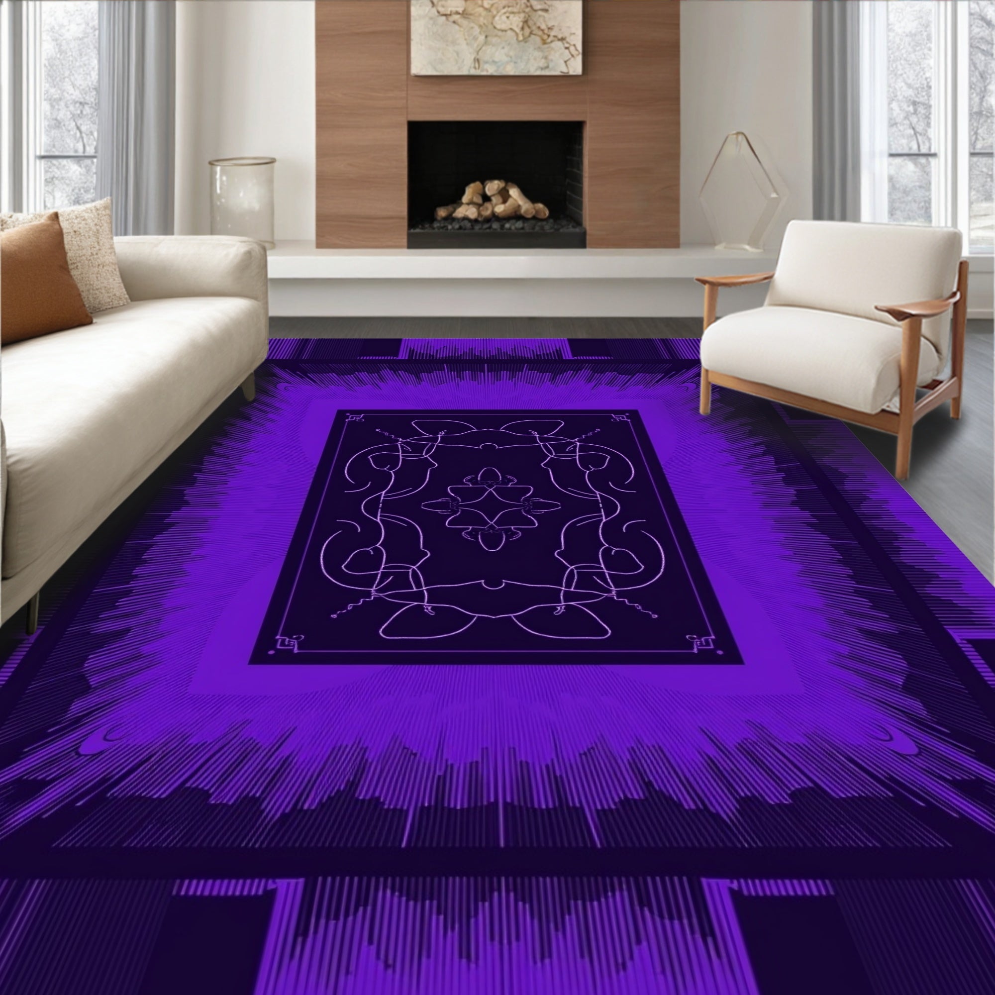 Symmetric Purple Burst Pattern Design Rug