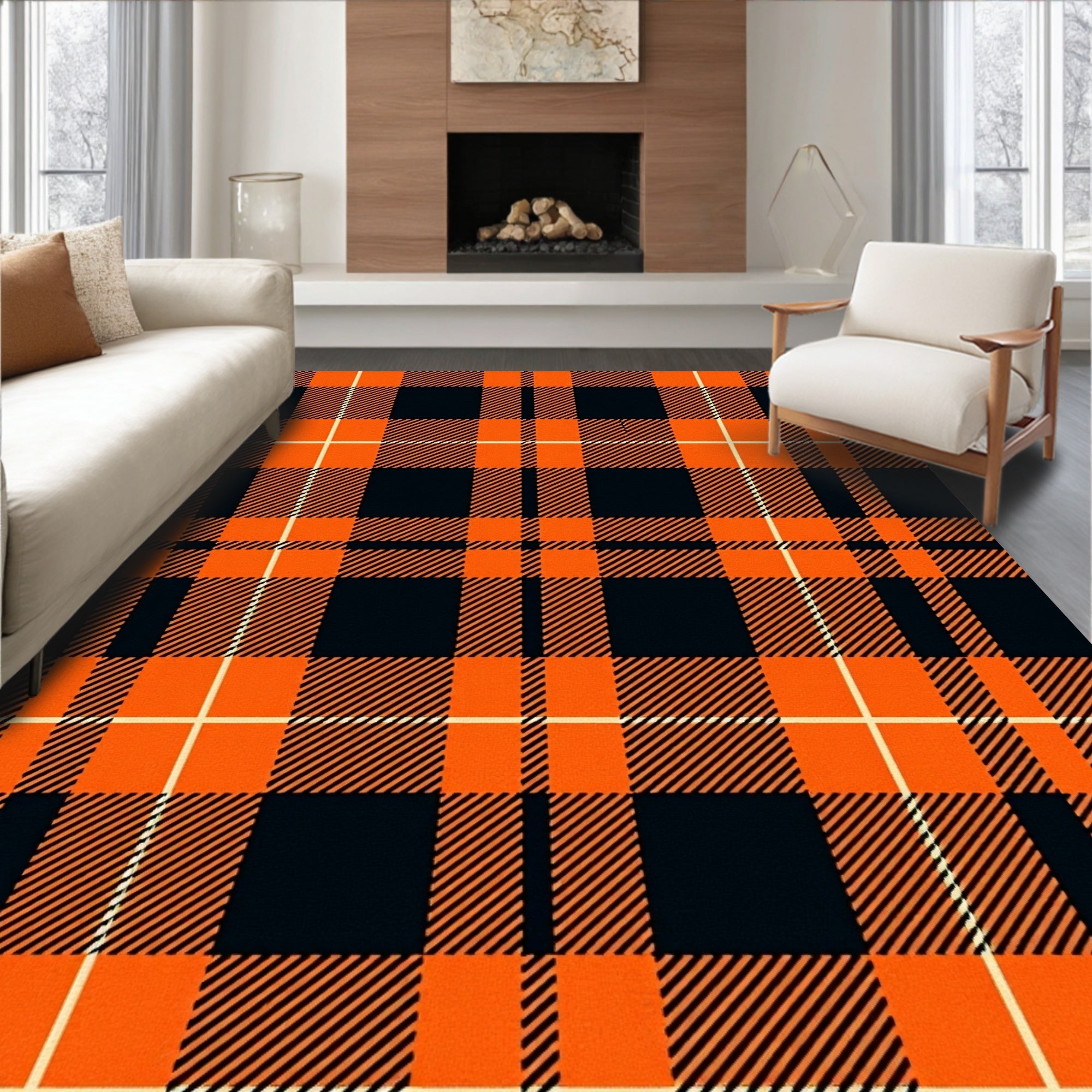 Orange Black Plaid Pattern Rug
