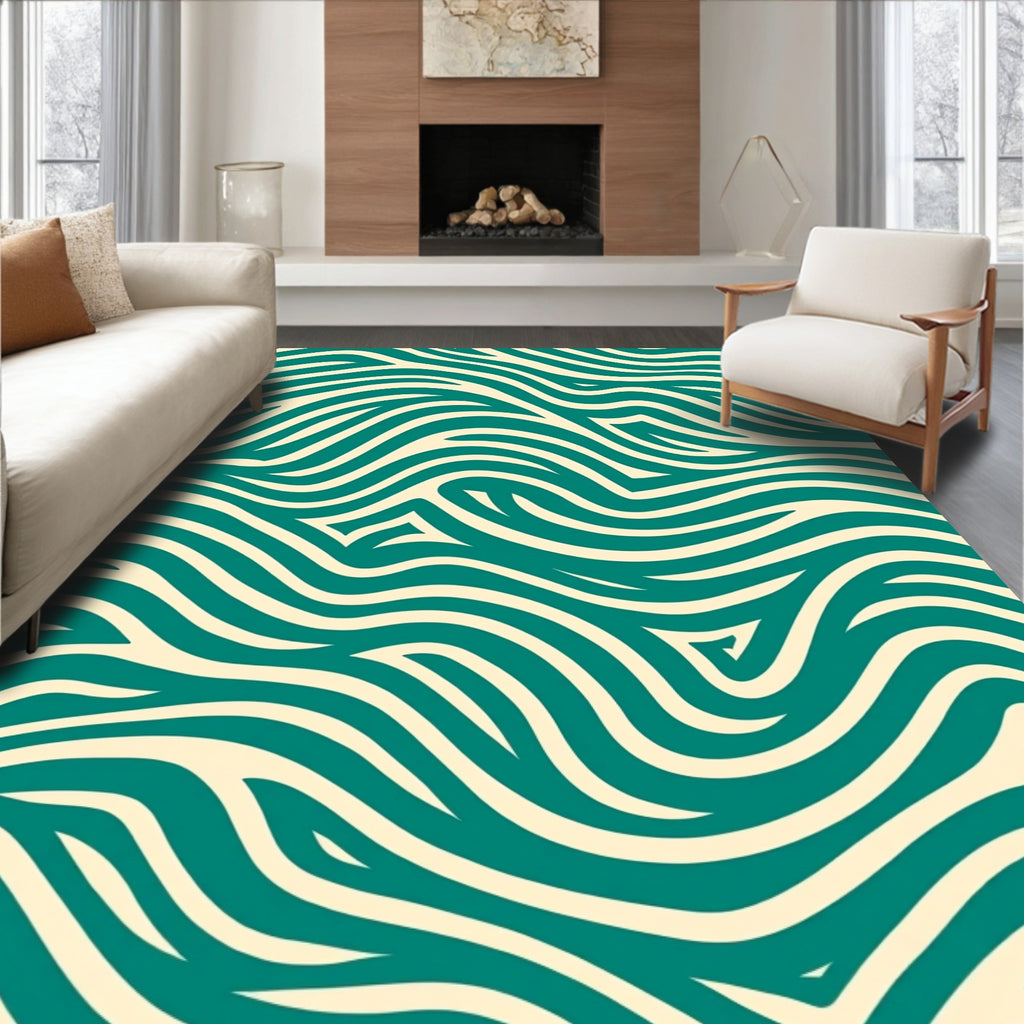 Teal Cream Abstract Wavy Rug