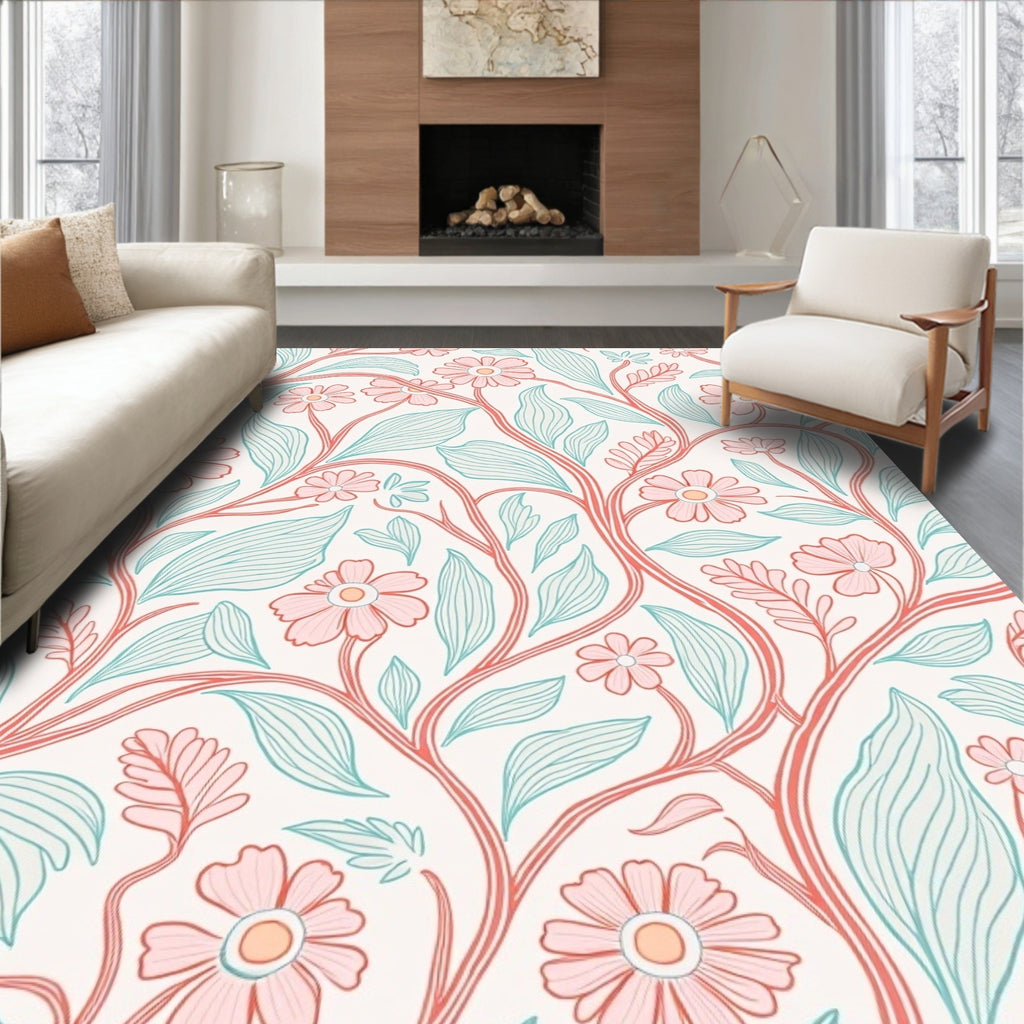 Coral Blush Floral Vine Pattern Rug