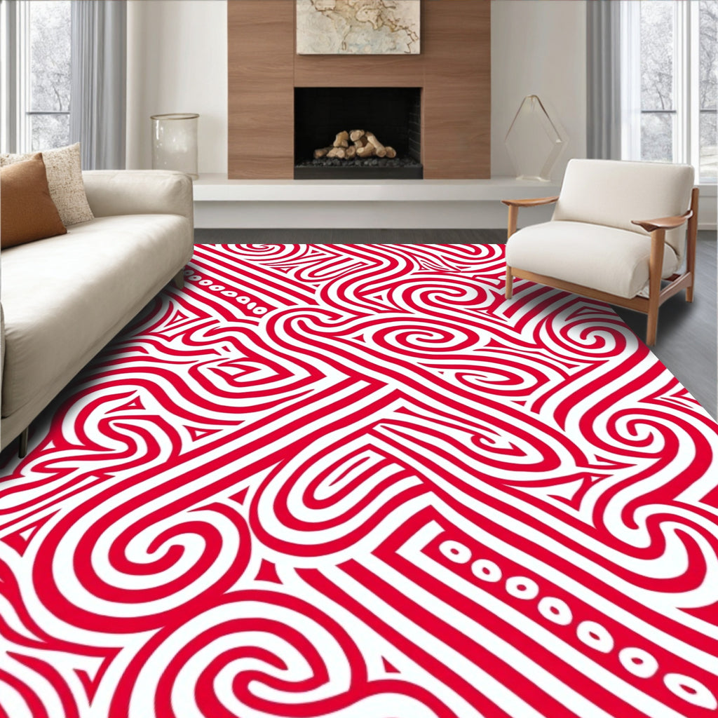 Bold Red Swirls Lines Pattern Rug