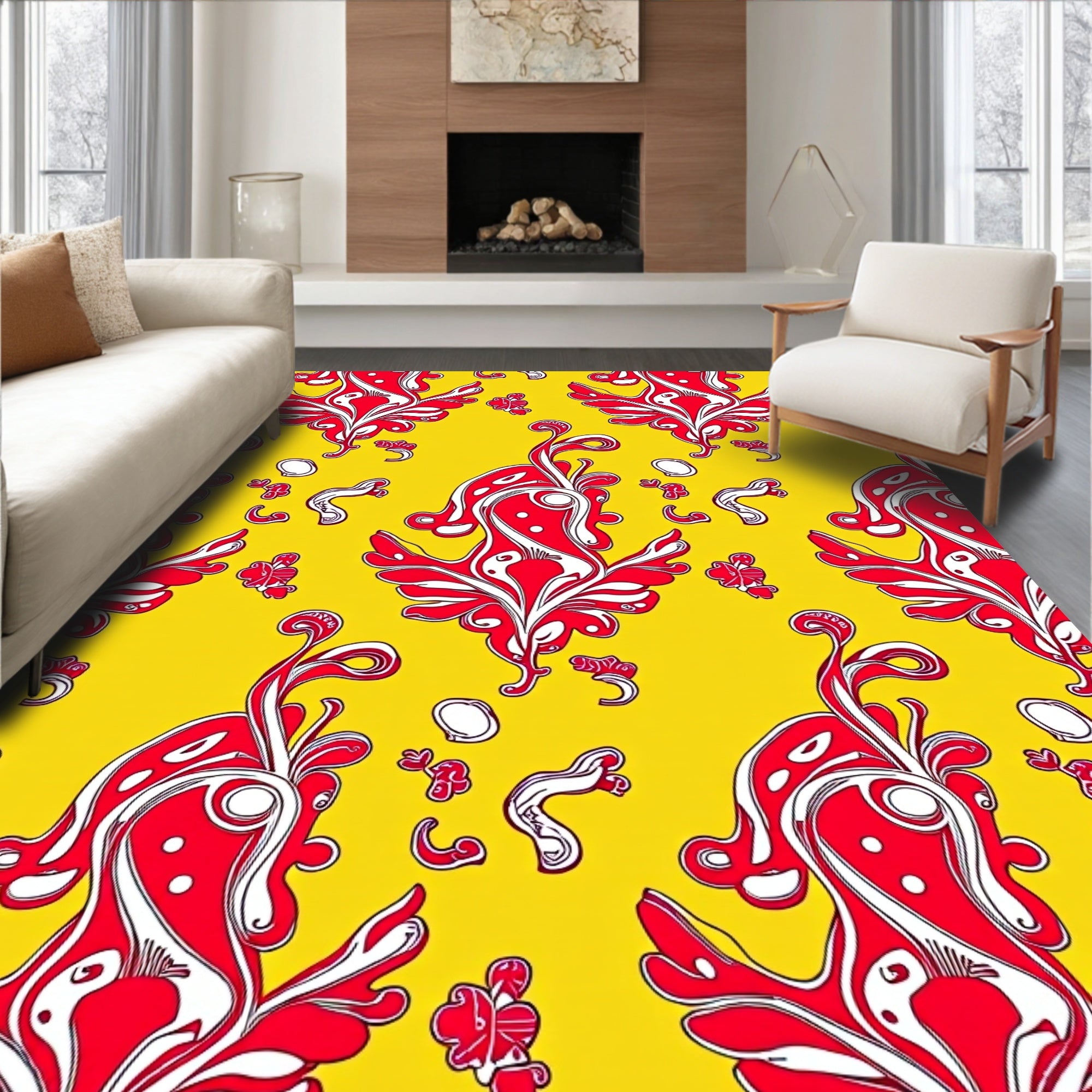 Bright Red Floral Swirl Pattern Rug