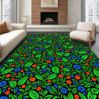 Vibrant Green Blue Orange Floral Explosion Rug