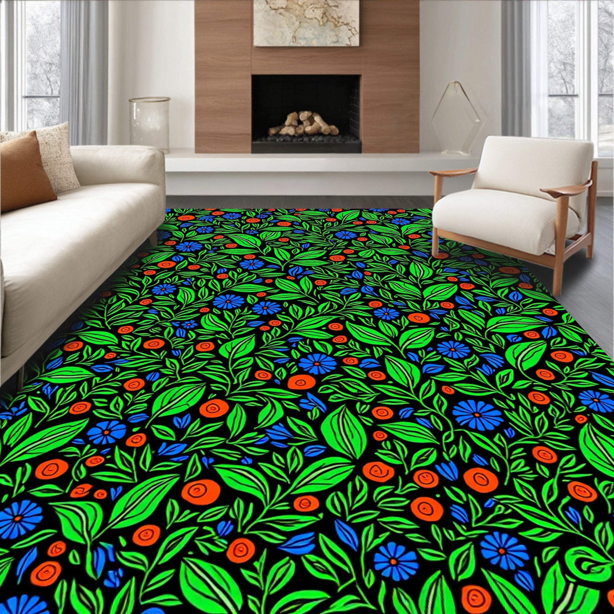 Vibrant Green Blue Orange Floral Explosion Rug