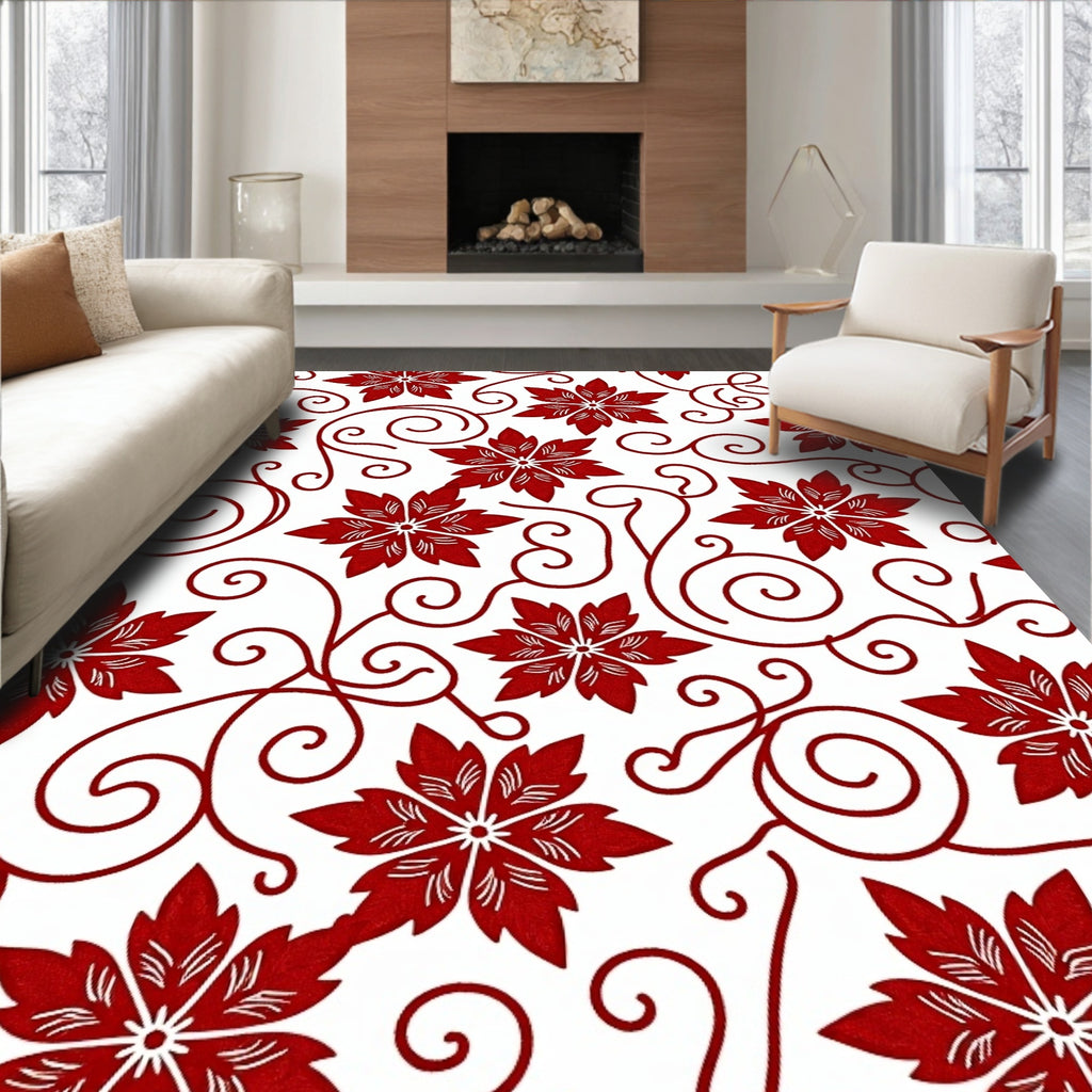 Red Floral Swirl Pattern Design Rug