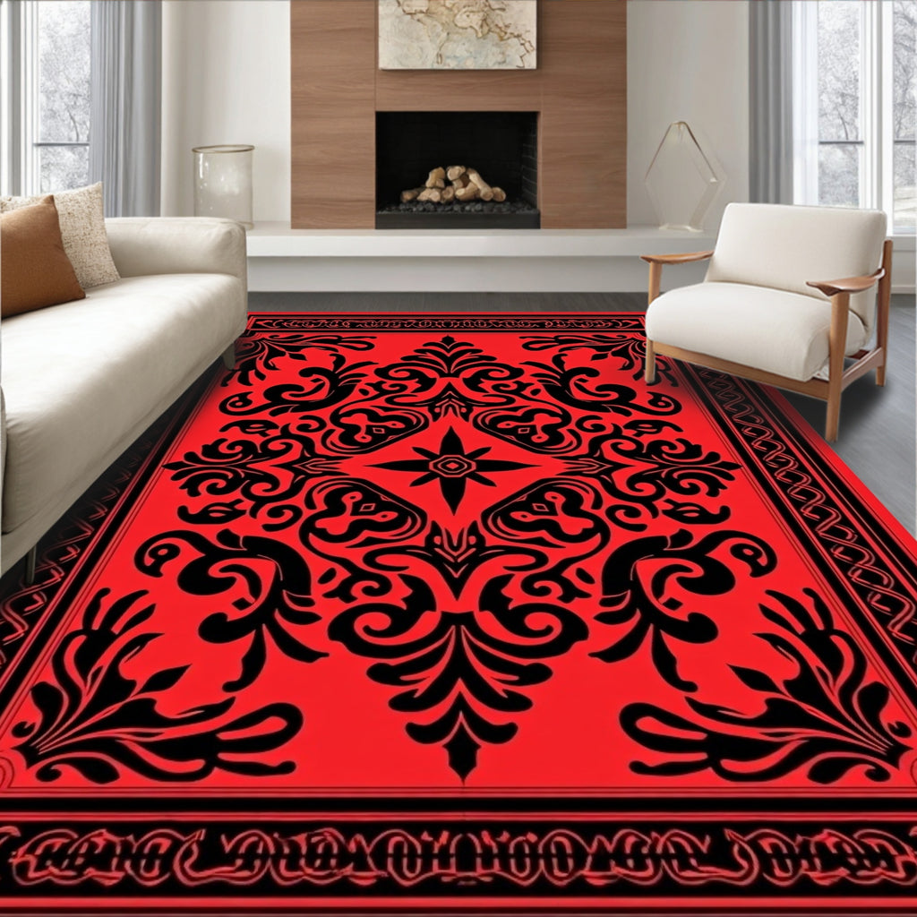 Red Black Vintage Floral Damask Rug