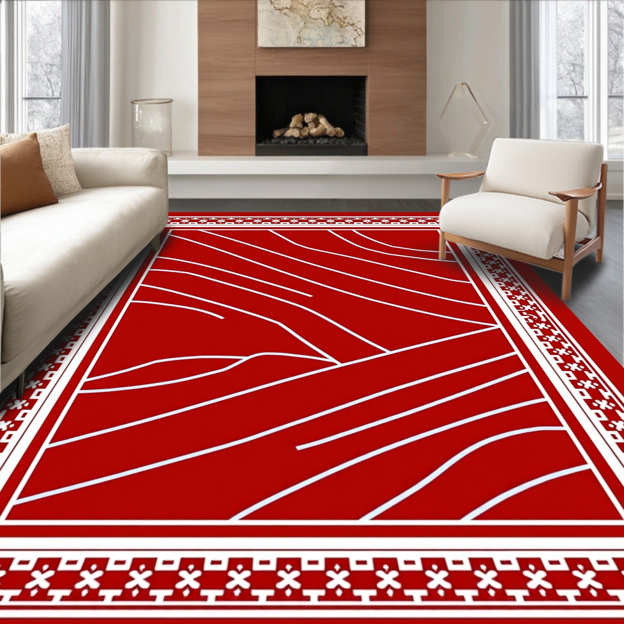 Red White Abstract Swirl Border Pattern Rug