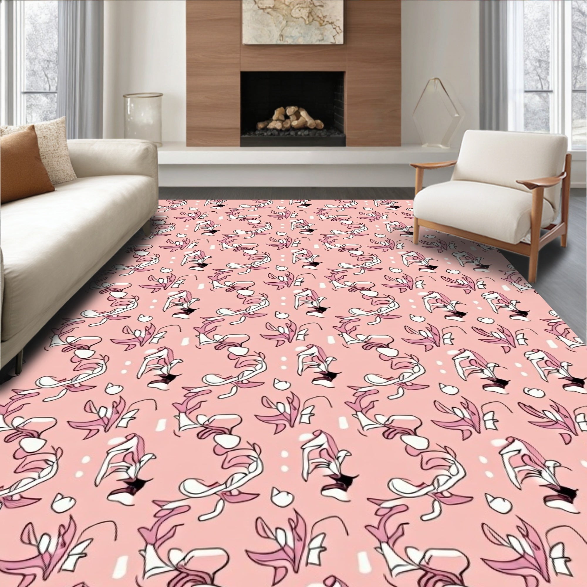 Playful Pink Botanical Abstract Pattern Rug