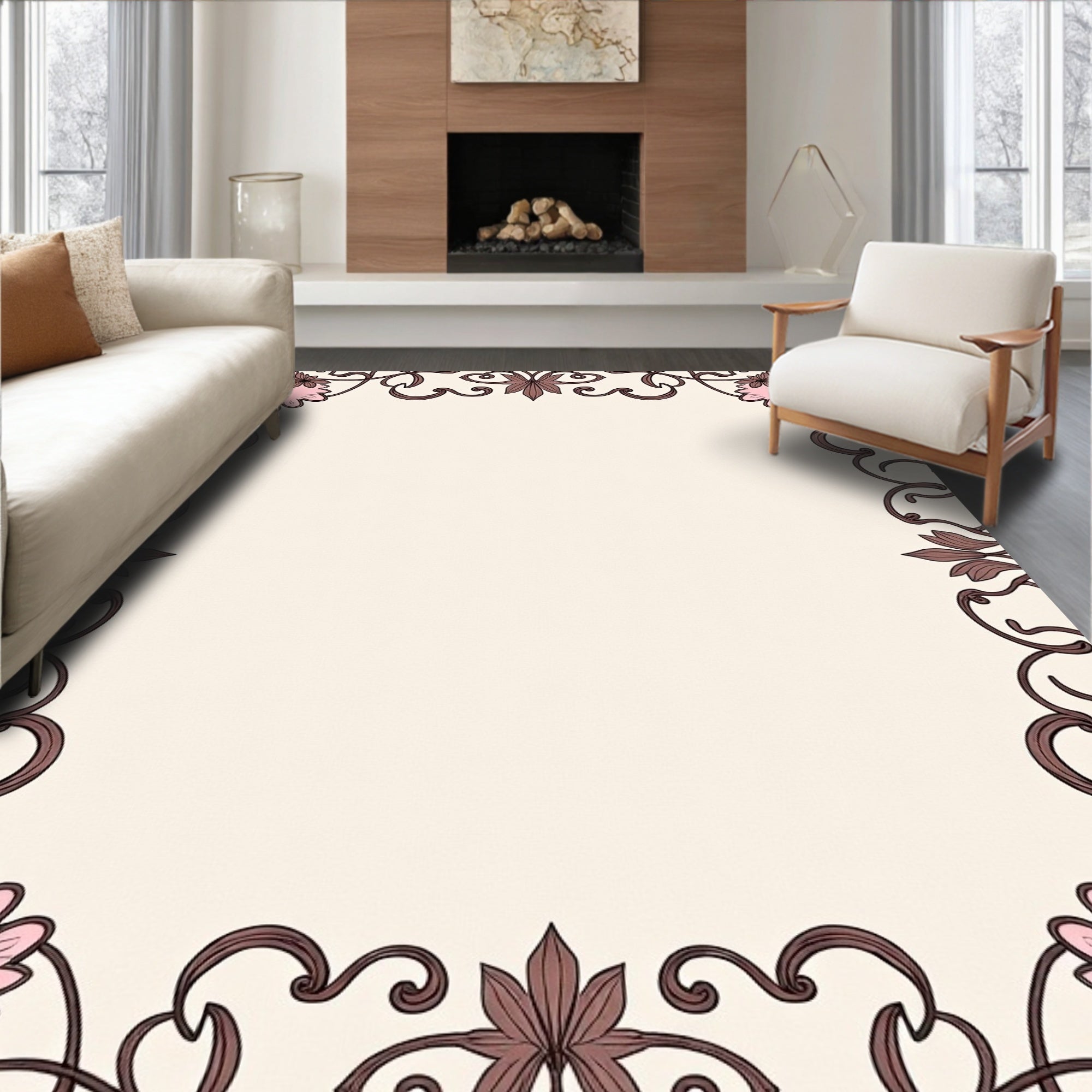 Pink Floral Swirls With Brown Accents Rug