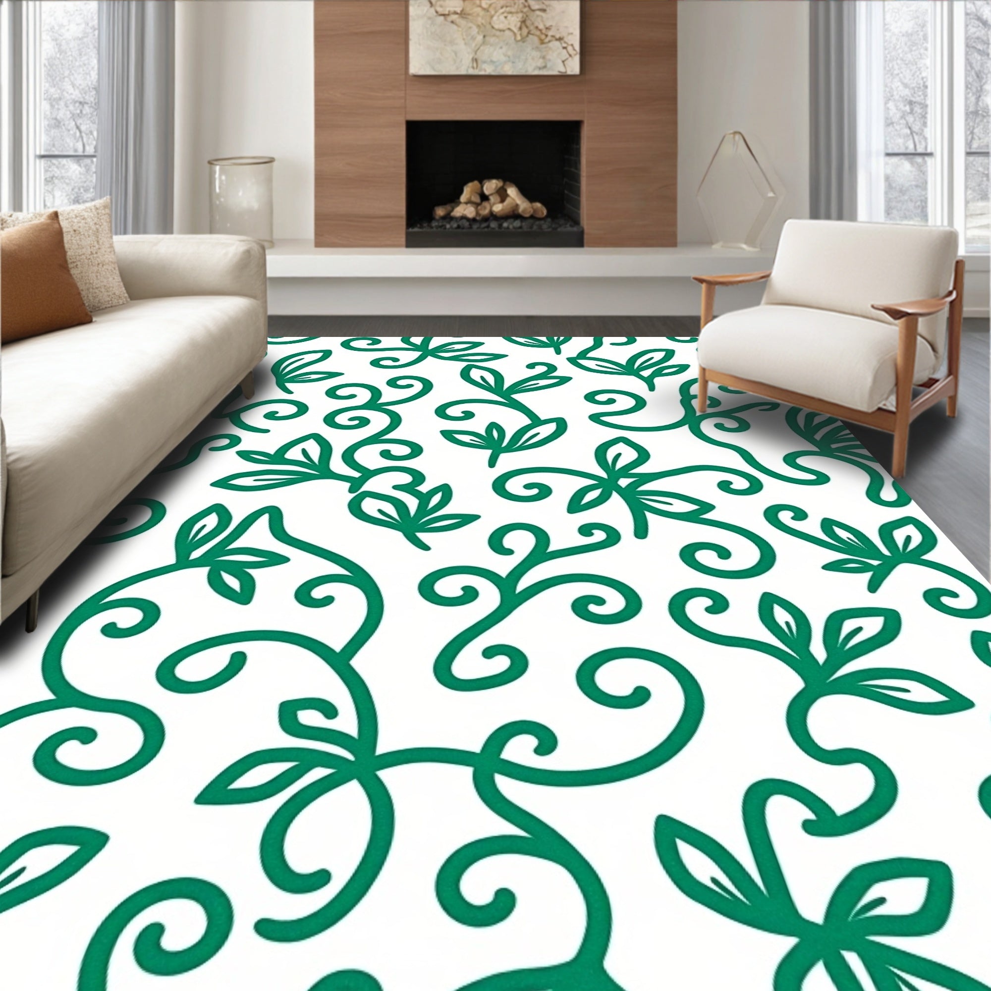 Classic Green Floral Swirl Pattern Rug