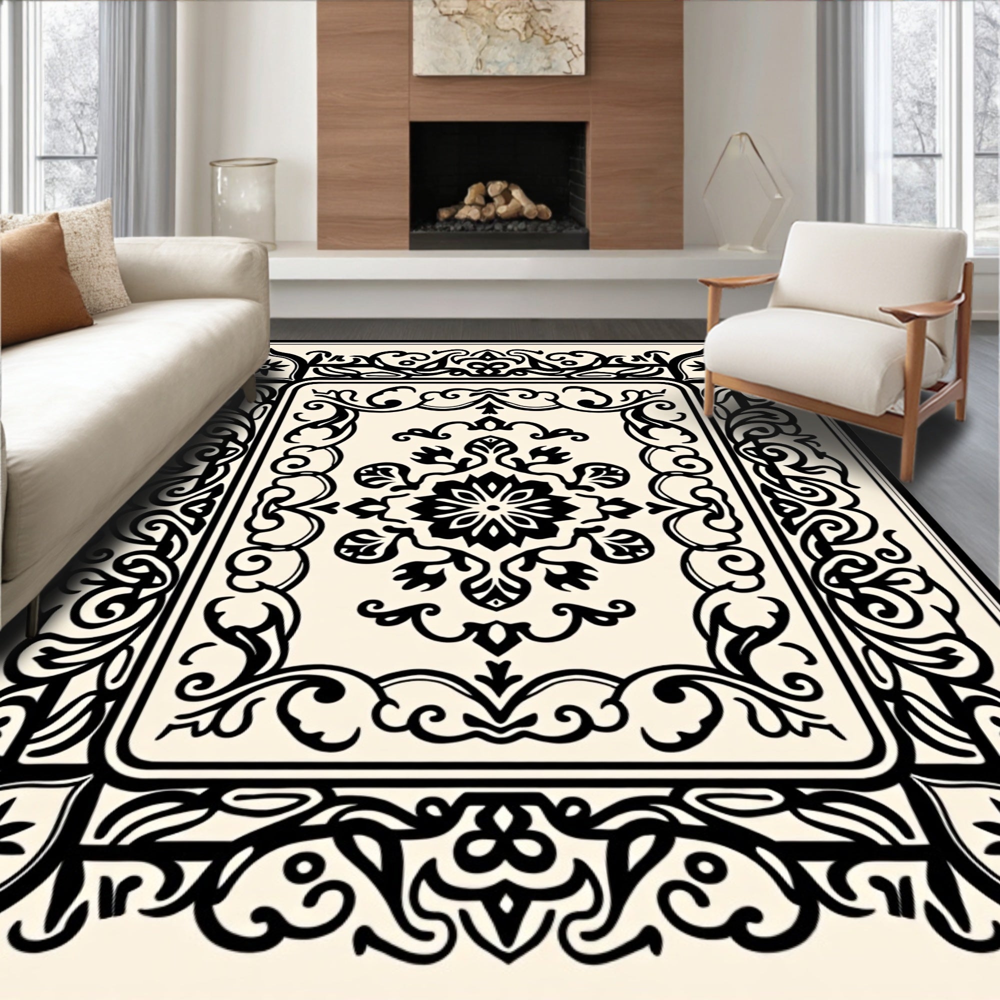 Ornate Floral Scroll Filigree Border Rug
