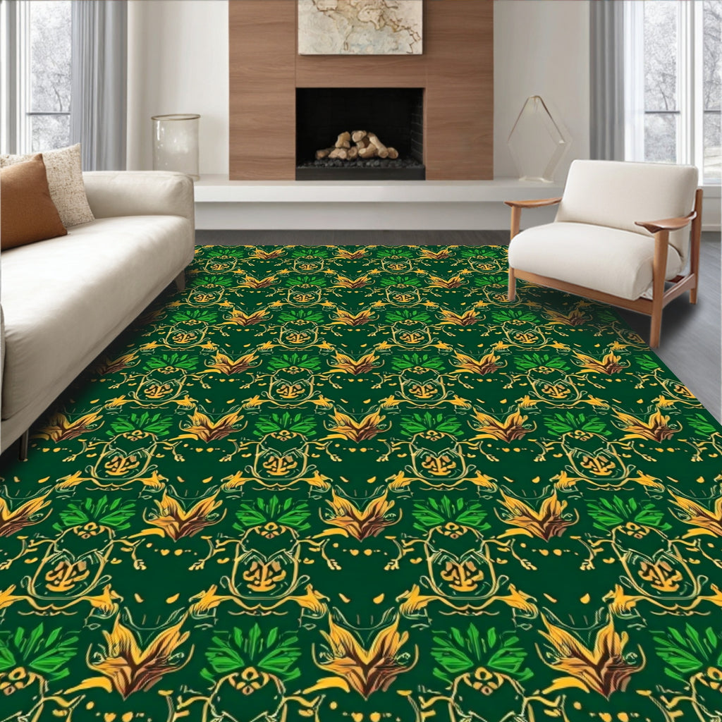 Ornate Green Gold Scarab Pattern Rug