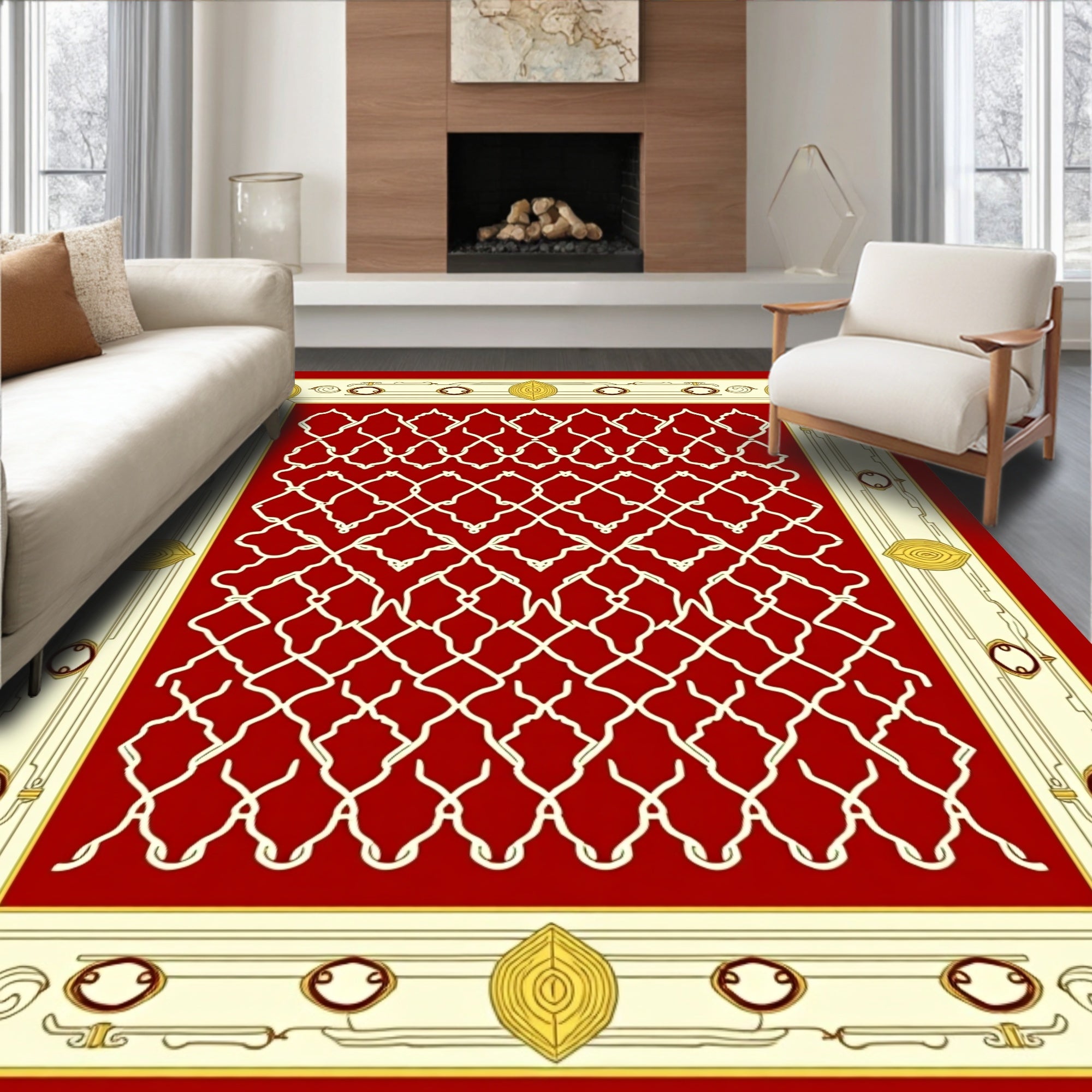 Red Lattice Bordered Decorative Design Rug