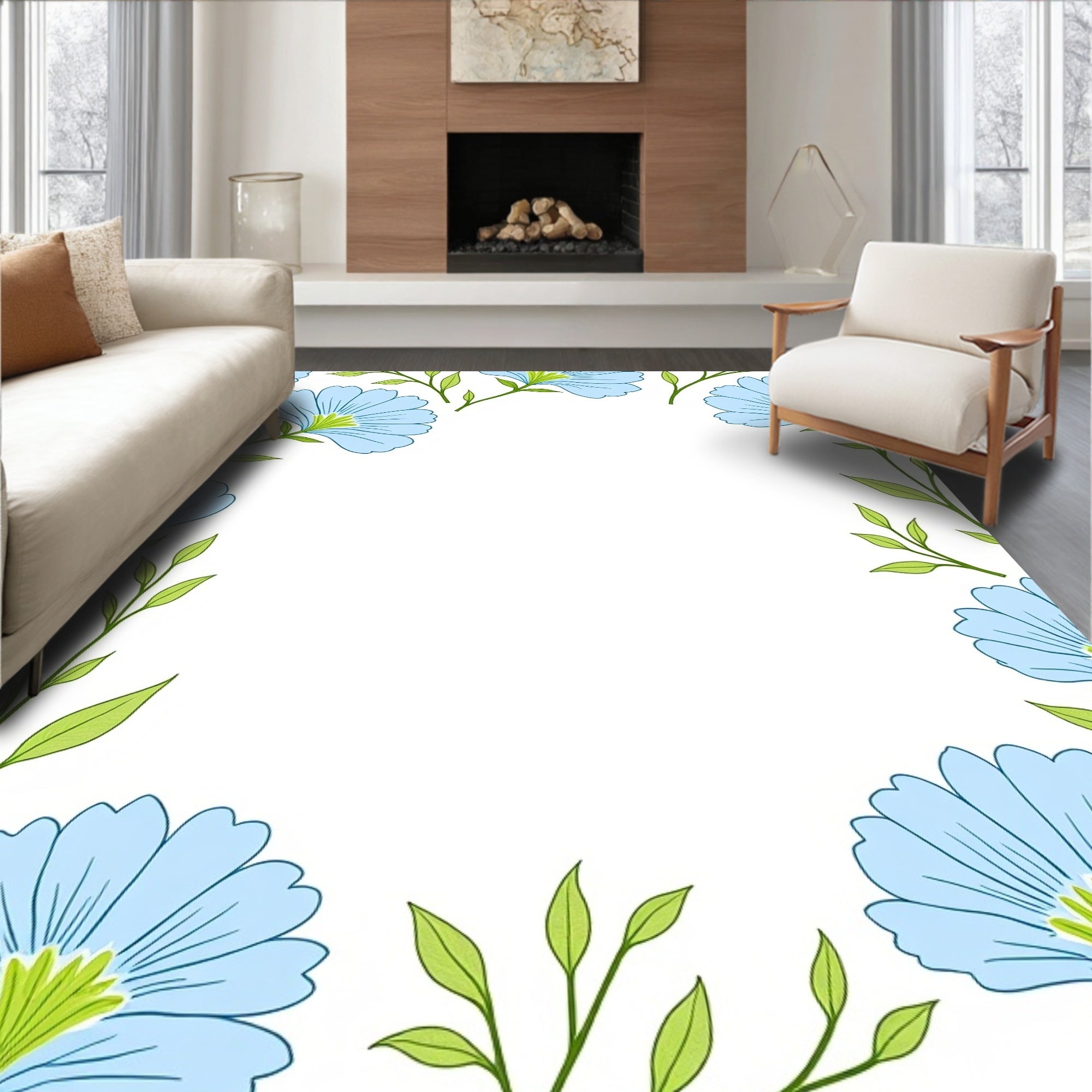 Light Blue Floral Vine Border Pattern Rug