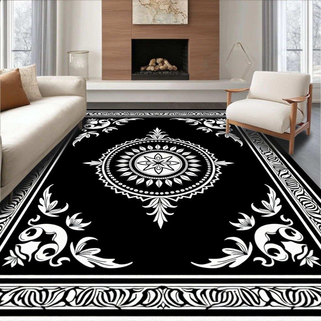 Black White Floral Mandala Border Rug