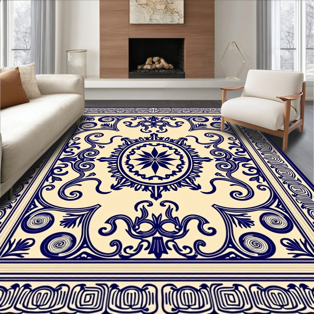 Classic Blue White Ornate Pattern Rug
