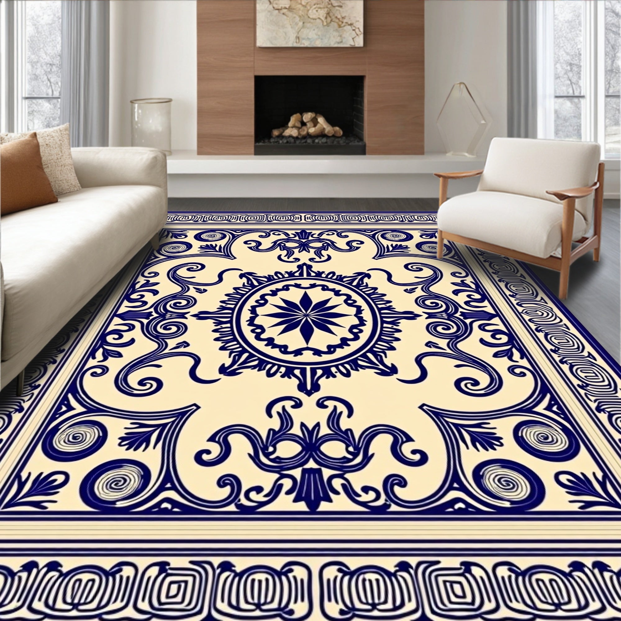 Classic Blue White Ornate Pattern Rug