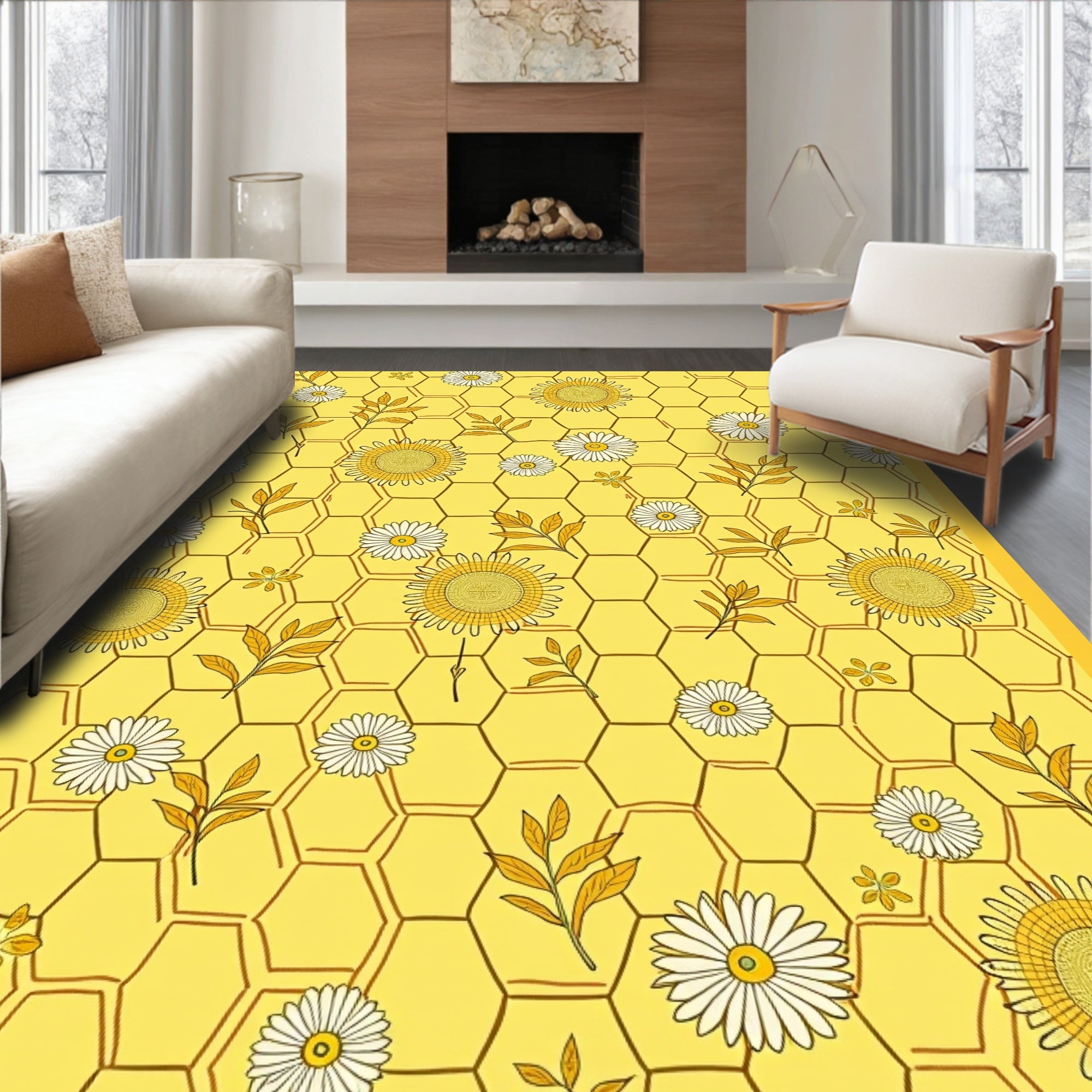 Yellow Daisy Honeycomb Pattern Rug