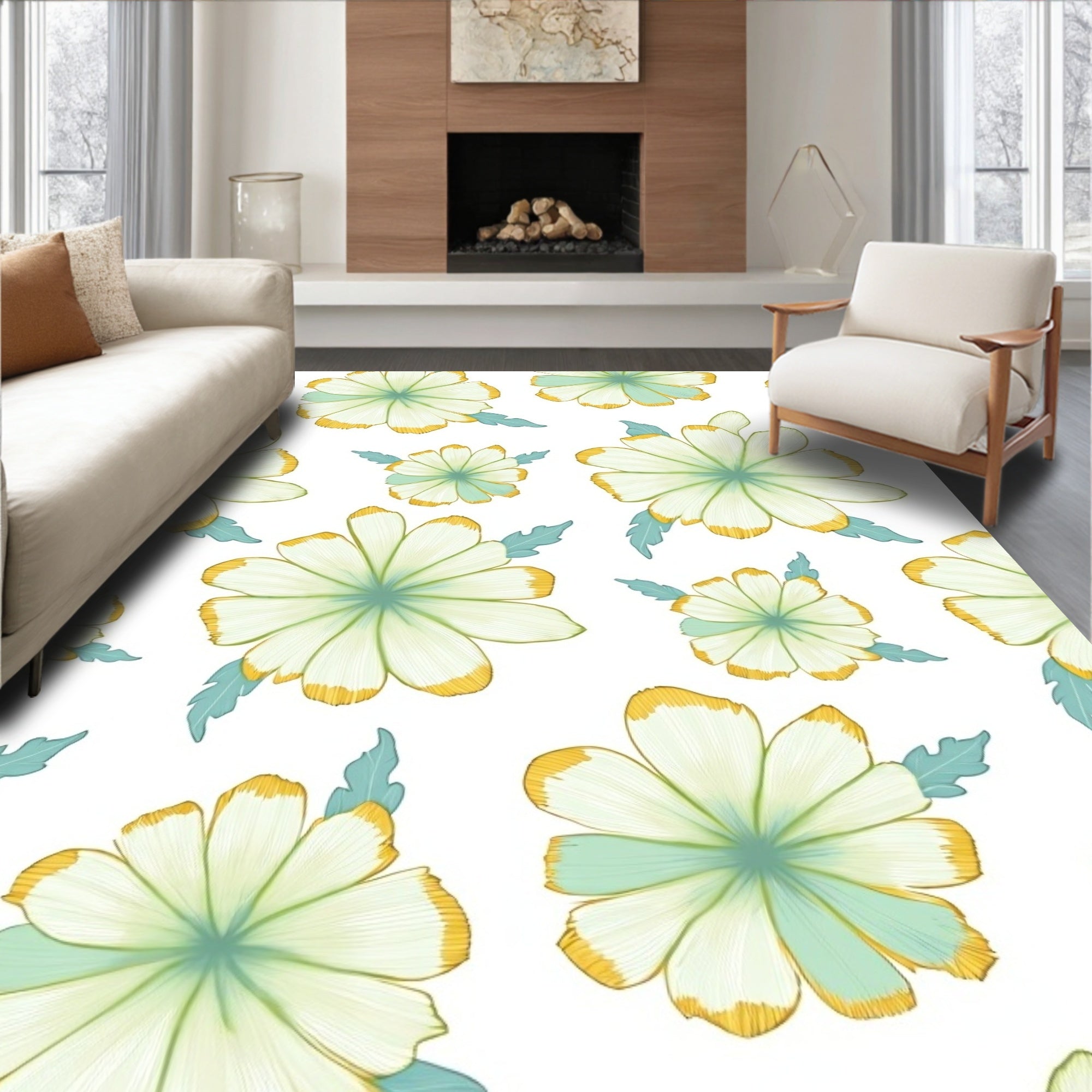 Delicate Floral Pattern with Yellow Accents Rug
