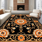 Vintage Orange Floral Medallion Black Rug