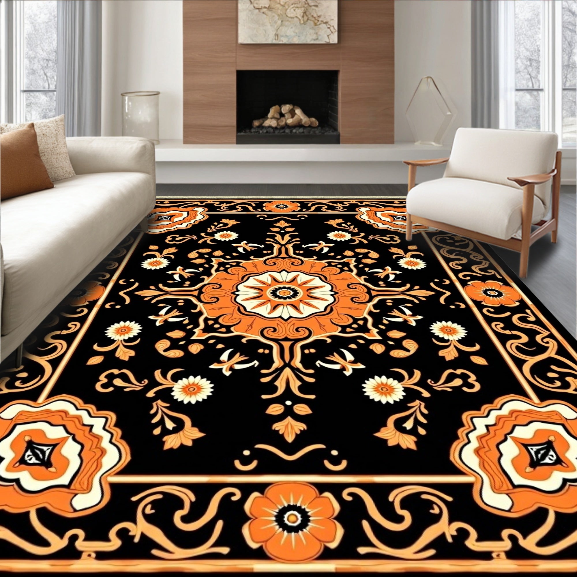 Vintage Orange Floral Medallion Black Rug