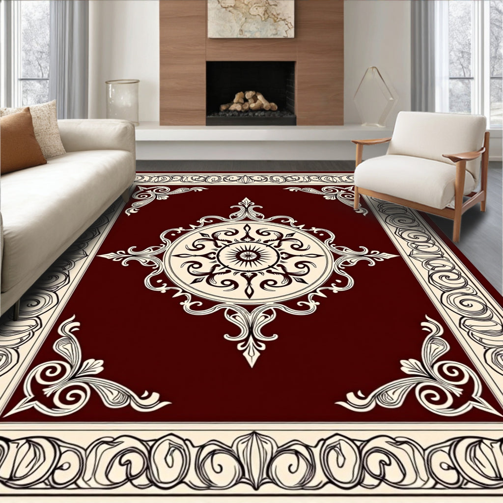 Regal Crimson Medallion Scroll Border Rug