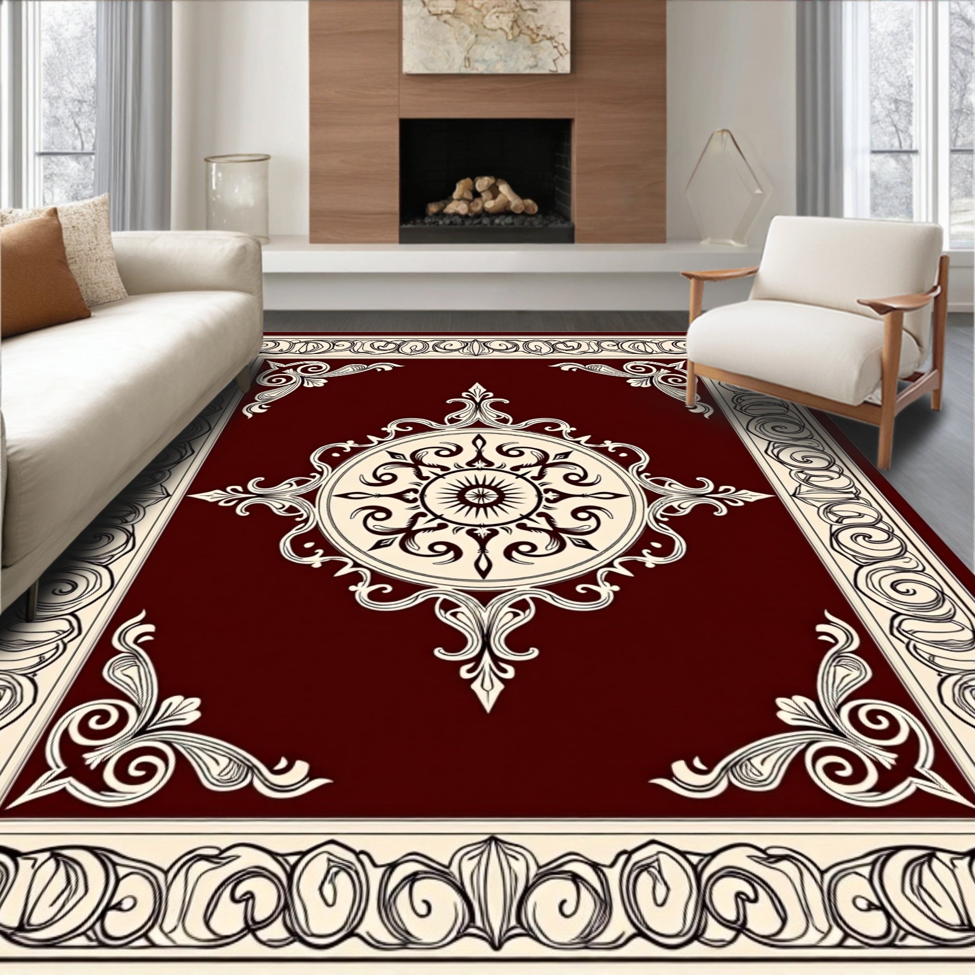 Regal Crimson Medallion Scroll Border Rug