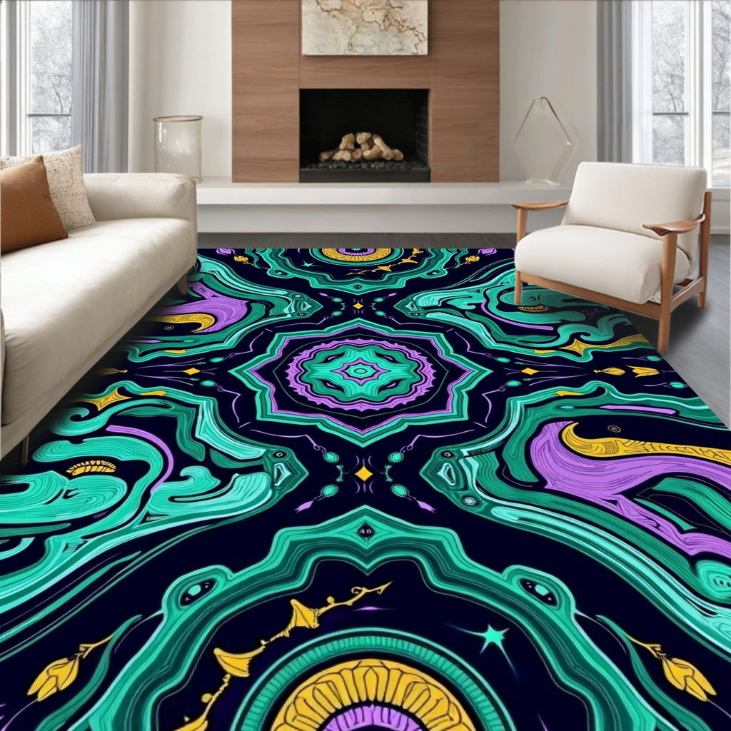 Vivid Teal Purple Gold Swirl Mandala Rug