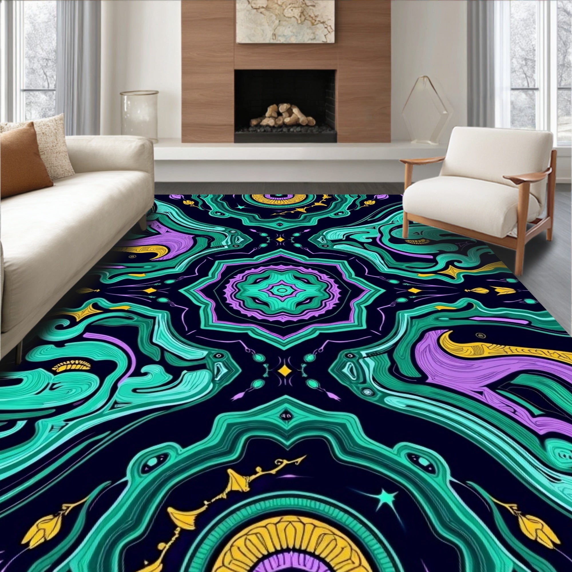 Vivid Teal Purple Gold Swirl Mandala Rug