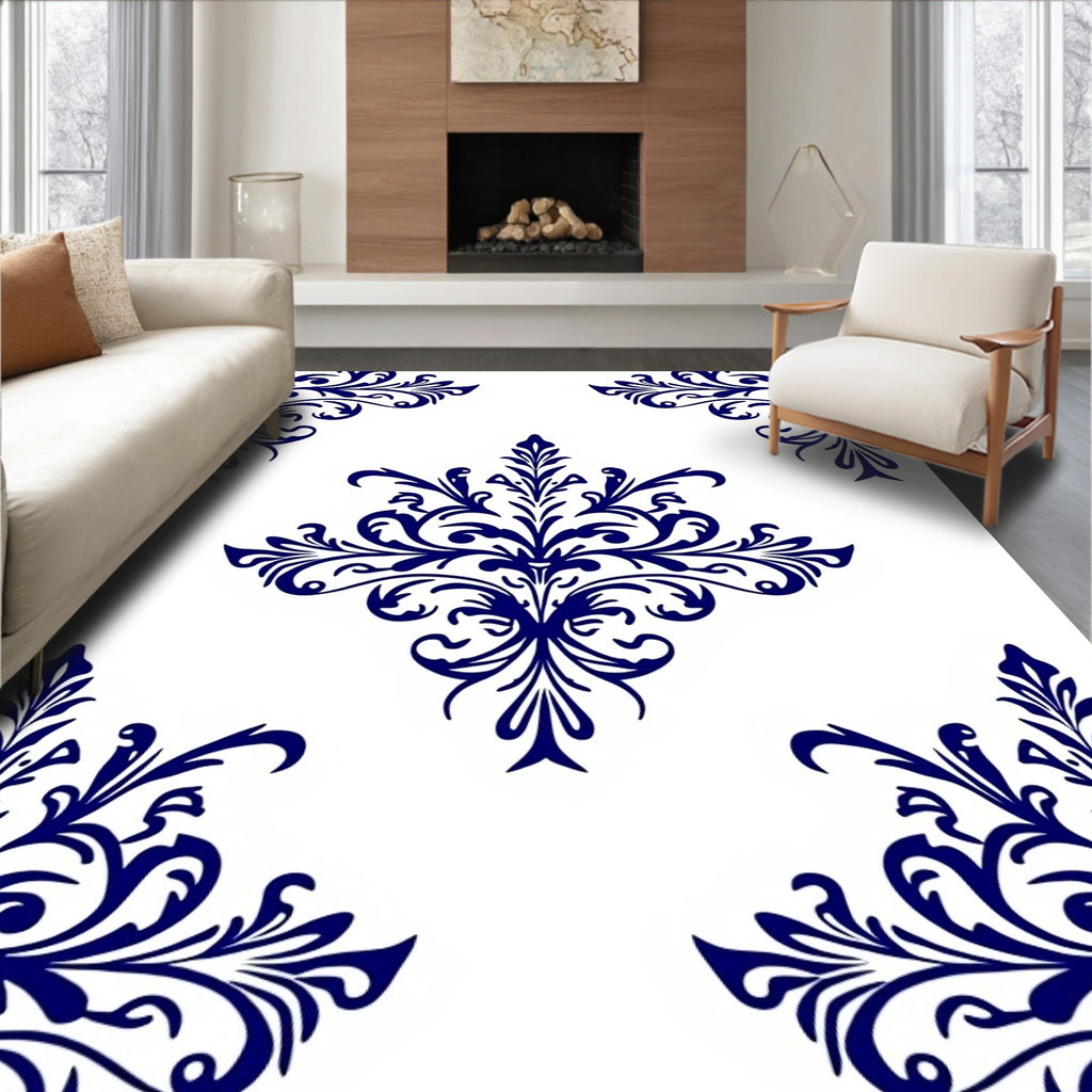 Elegant Blue Floral Damask Style Rug