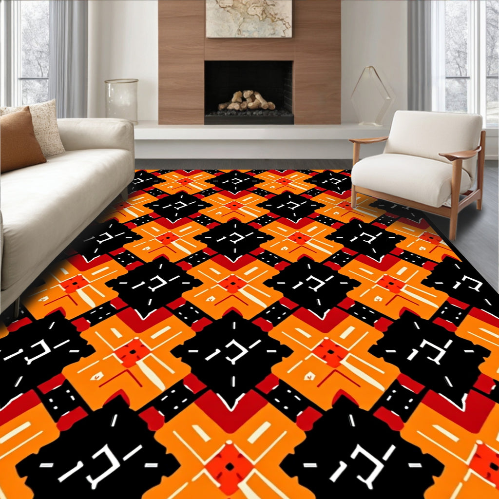 Bold Geometric Orange Black Red Pattern Rug