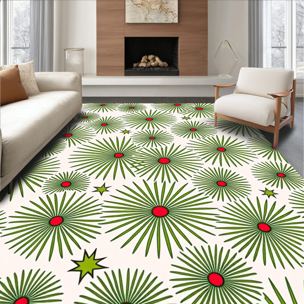Green Sunburst Pattern With Red Centers Rug